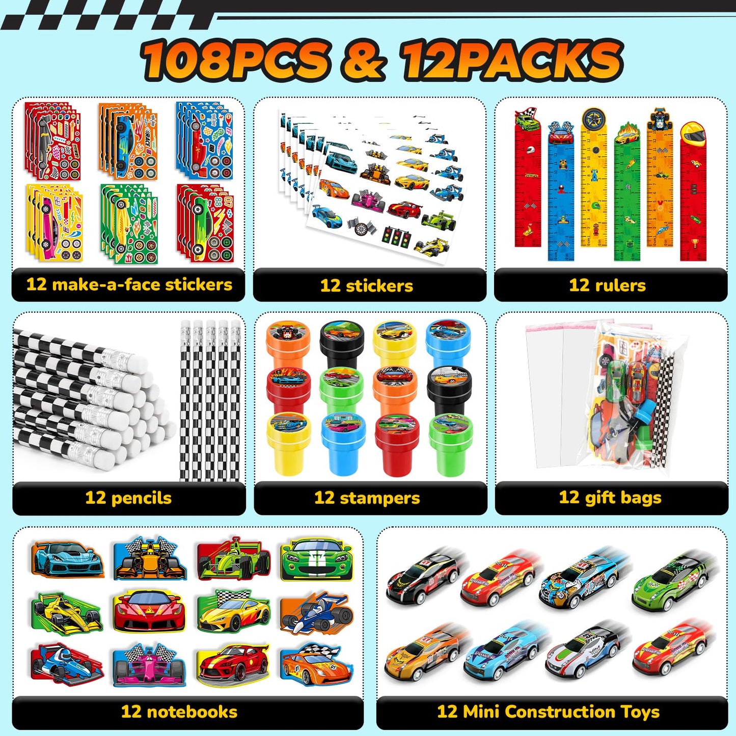 BenLouis 96Pcs Race Car Party Favors Racing Theme School Stationery Set Bulk for Kids Fast Racecar Wheel Birthday Party Goodie B