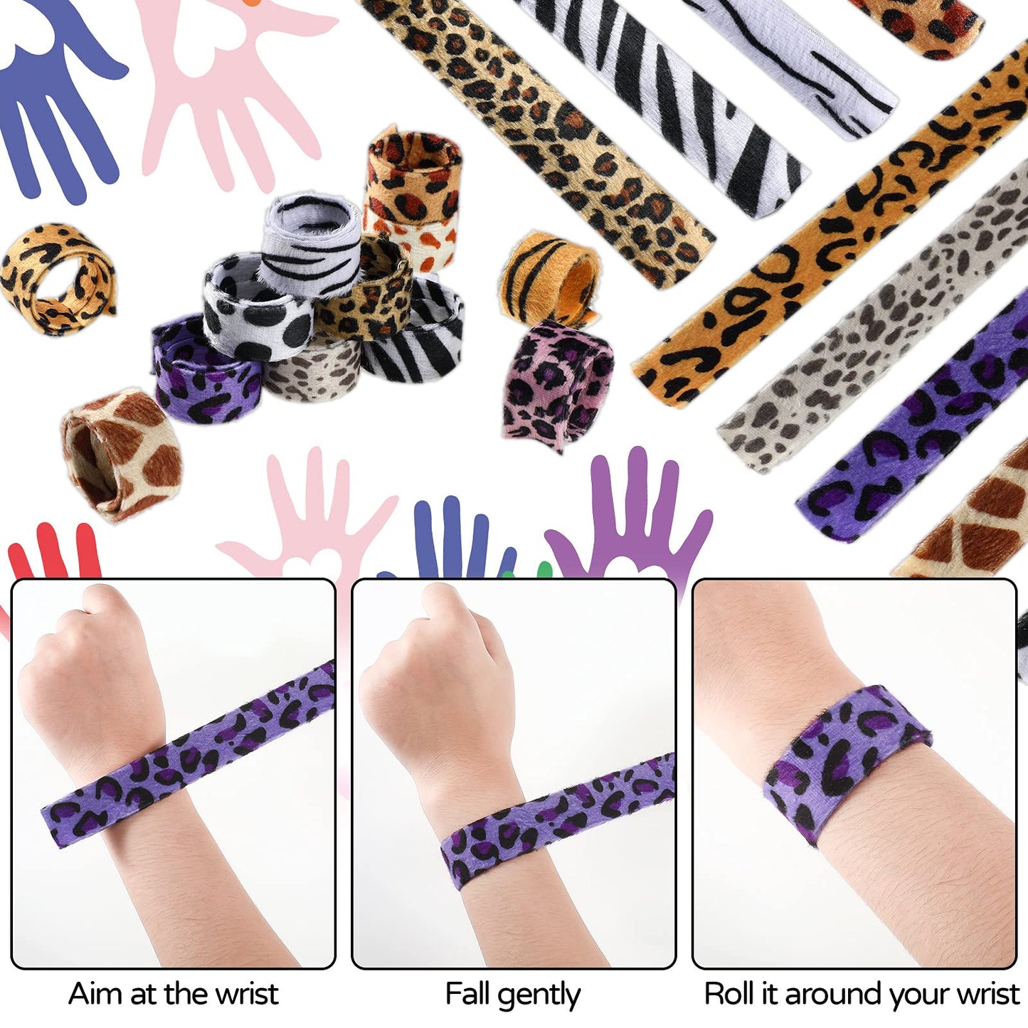 Zhanmai 36 Pieces Jungle Animal Print Slap Bracelets Safari Print Slap Snap Bracelets Slap Bands with Cheetah Zebra Tiger and Co