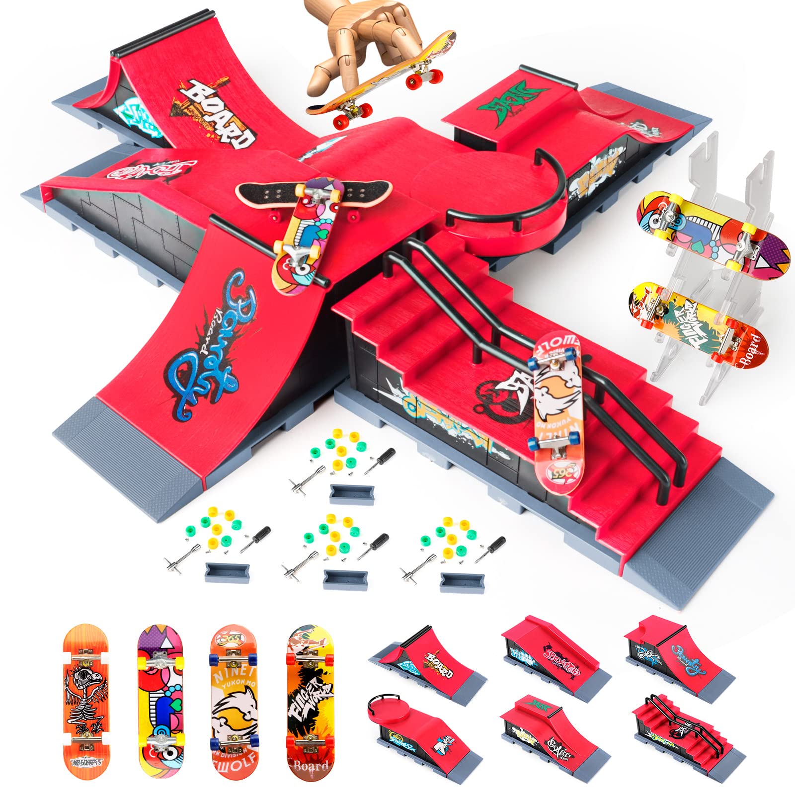Rngodo Fingerboard Skatepark Skate Park Kit, 6-In-1 Finger Skateboard Ramp Set Ultimate Parks Training Props With 6 Finger Skate