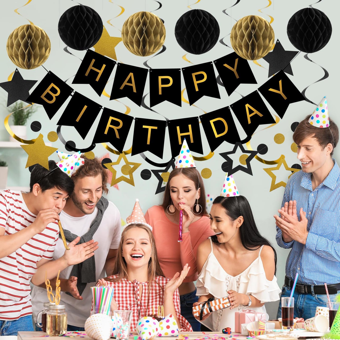 meowtastic Birthday Decorations, Happy Birthday Banner with Honeycomb Balls, Star Hanging Swirl Streamers, Circle Dot Garland, H