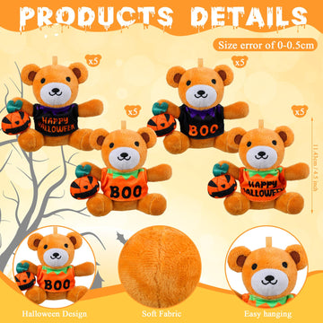 Roundfunny 20 Pcs Halloween Stuffed Animals Bears Bulk 4.5 Inch Mini Plush Bears With Halloween T-Shirt And Jack O Lantern Mini