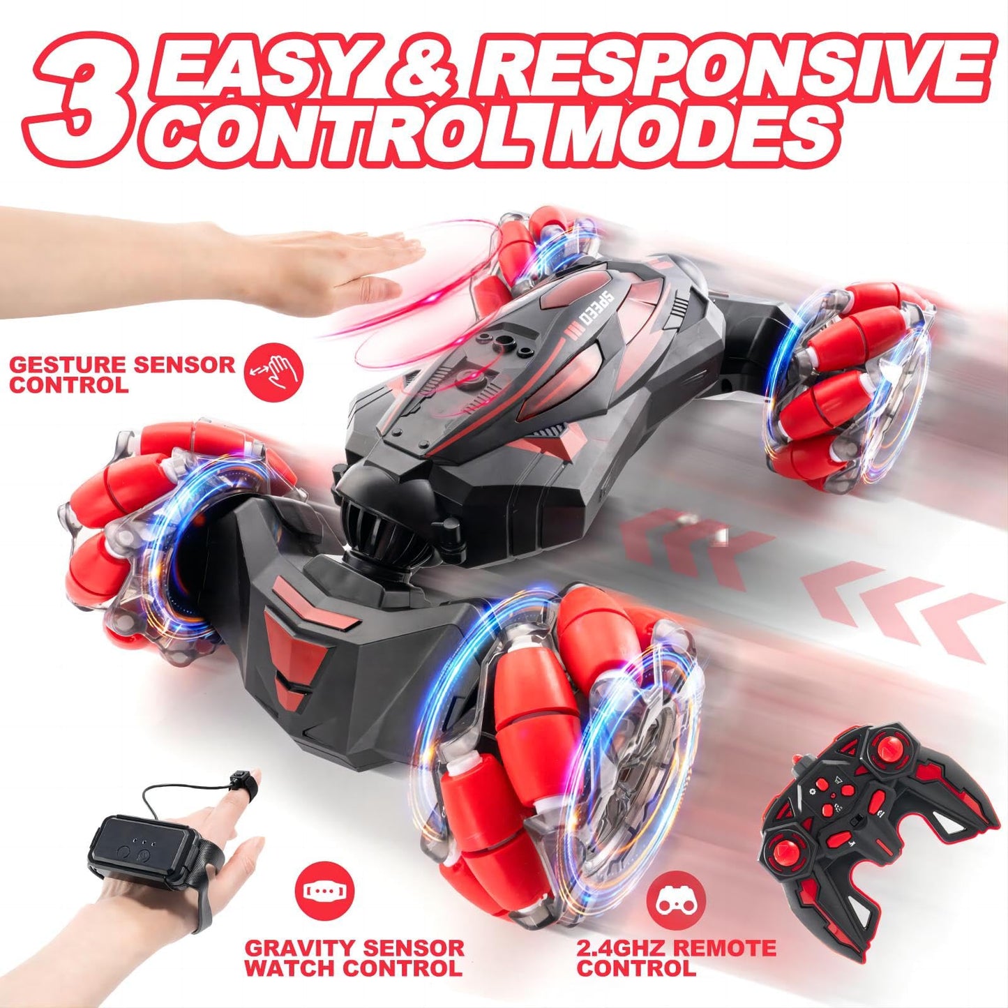 WJWMIRC 1:10 Remote Control Stunt Car 4WD 2.4 GHz Hand Gesture Sensing RC Crawler Vehicle 360 Flips with Lights Music Spray Birt