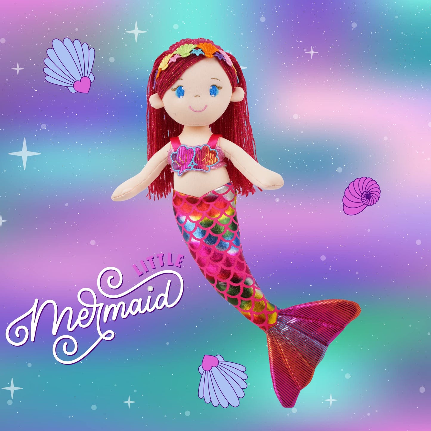 June Garden Plush Mermaid Doll - 16.5" Sparkly Aurelia, Soft Polyester Gift for Toddler Girls, Model JG18020AF