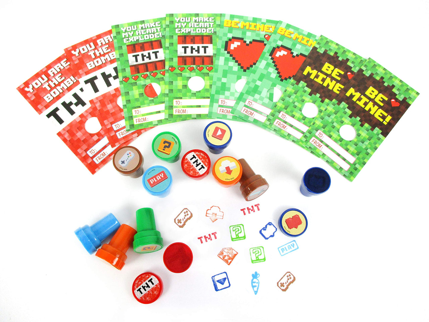 Tiny Mills 36 PACK Pixel Miner Cards with Pixel Miner Stampers for Valentines Day Classroom Exchange Party Favor Prizes