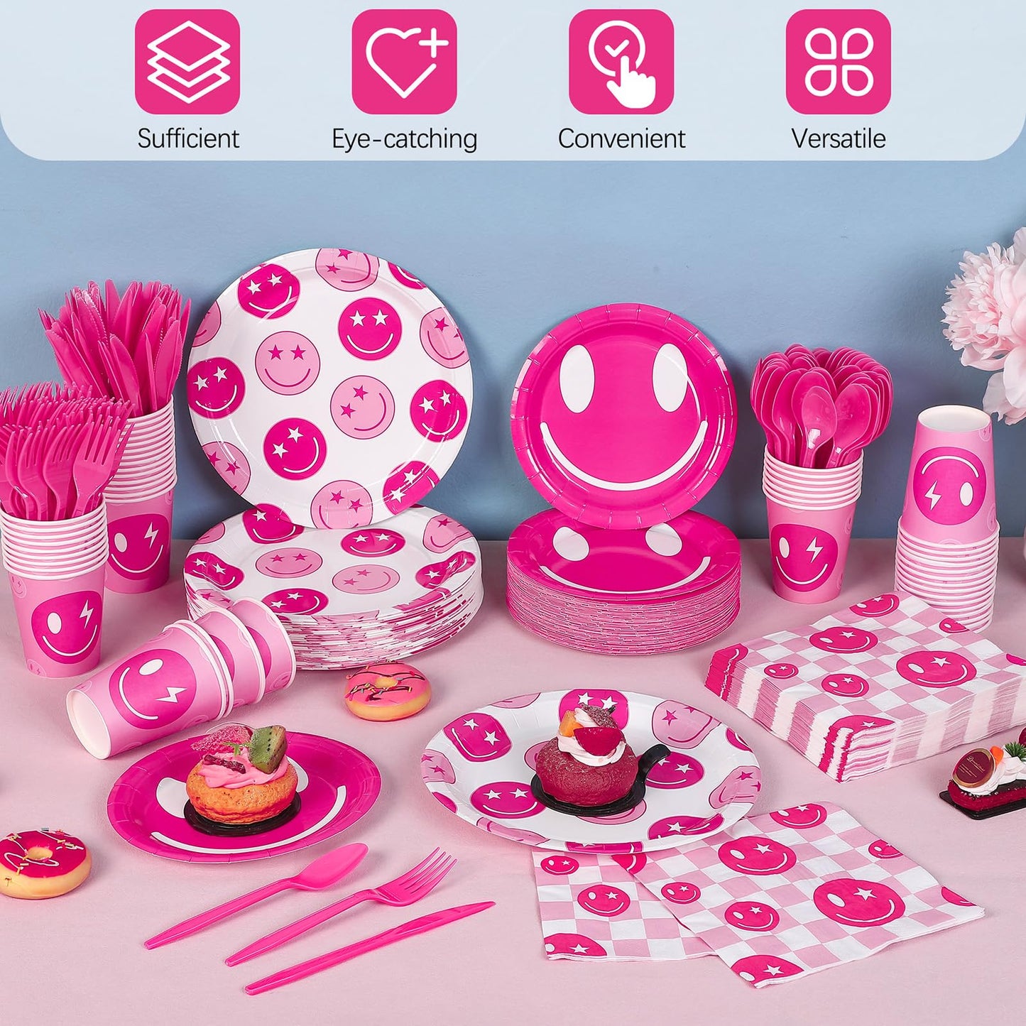 Durony 350 Pcs Preppy Birthday Decorations 50 Guest Disco Cowgirl Party Supplies Pink Smiley Face Paper Plate Cup Napkin Cutlery