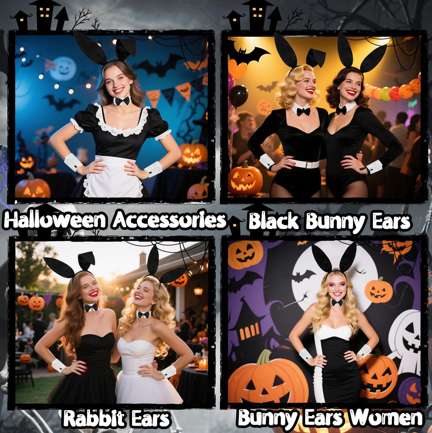 Voiiake Bunny Ears Headband  Bow Tie  Cuffs  and Tail - Bunny Costume Accessories for Women - Halloween Black Rabbit Ears for Party Outfit