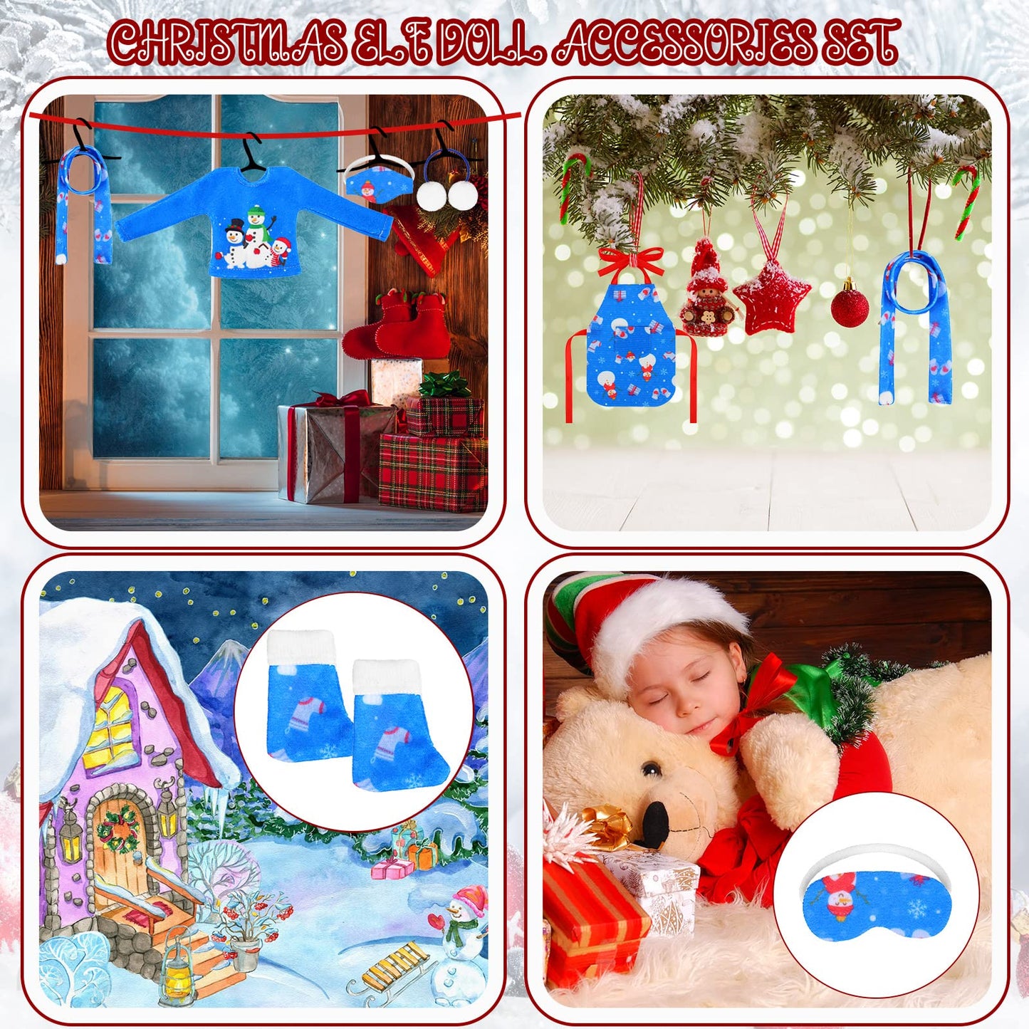 11 Pcs Christmas Elf Accessories Include Blue Elf Doll Sleeping Bag Apron Chef Hat Ear Muffs Scarf Hoodie Eye Mask Socks Mask Wi