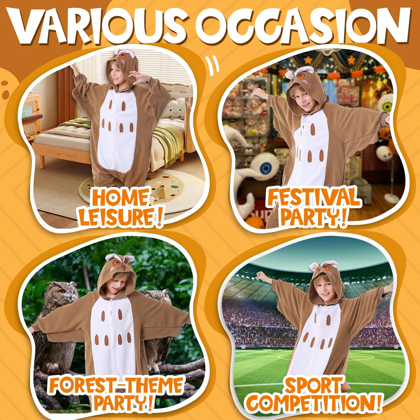 Canasour Kids Owl Onesie Christmas Halloween Costumes Anime Cosplay Animal One Piece Pajamas 10-12 Years Girls(10-12 Years, Owl Brown)