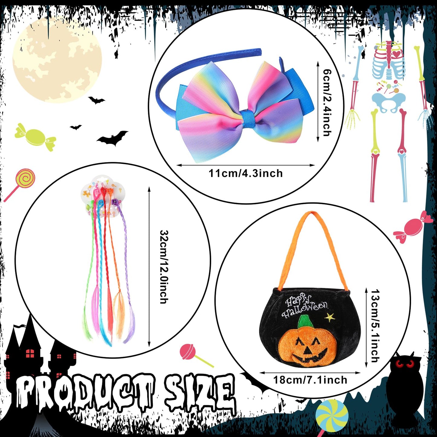 Croloose 5 Pcs Halloween Girls Skeleton Costume Glow In The Dark Tutu Skirt, Hair Extensions Headband Pumpkin Packet(8-10Y)