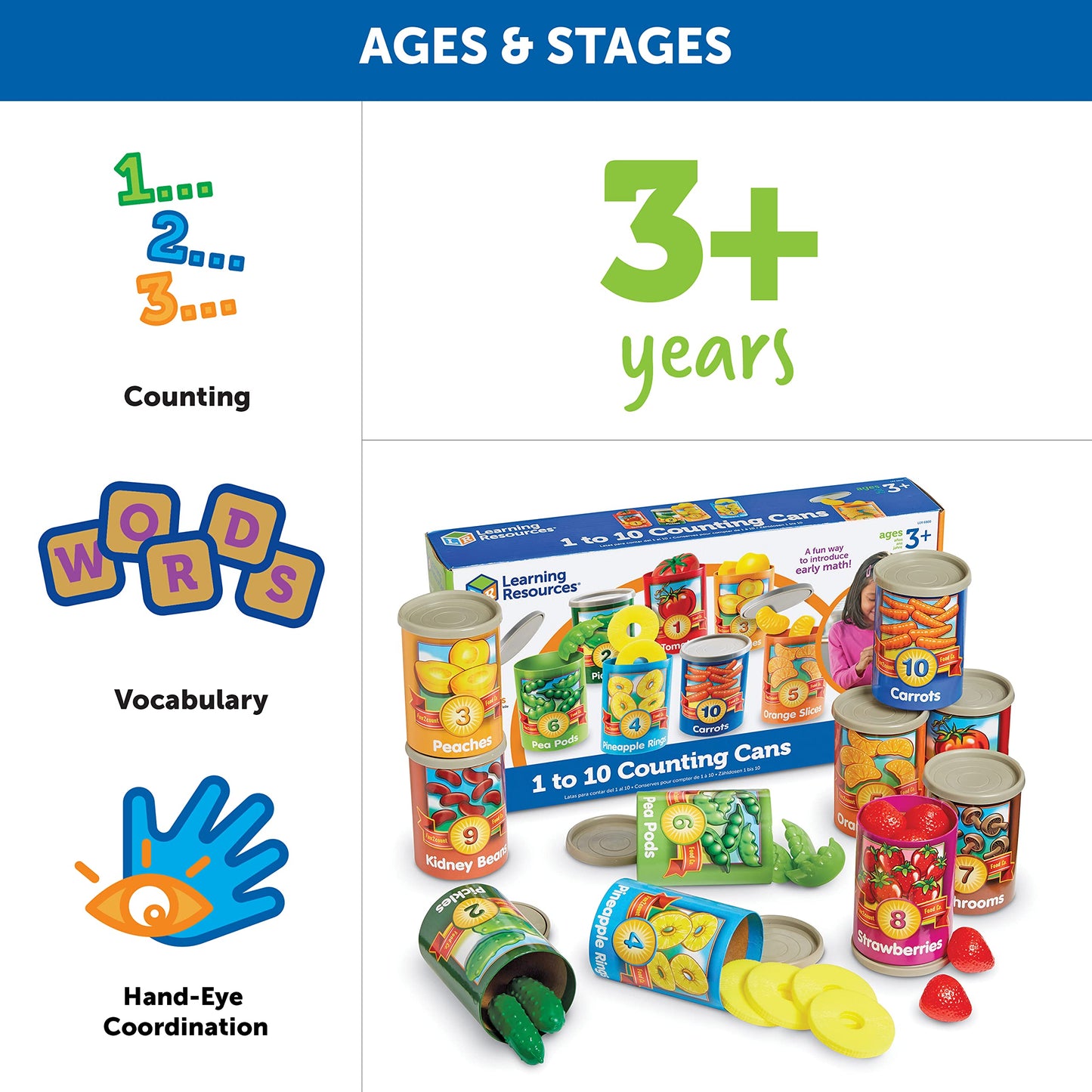 Learning Resources One To Ten Counting Cans - 65 Pieces, Ages 3+ Toddler Learning Toys, Preschool Pretend Play Toys, Supermarket