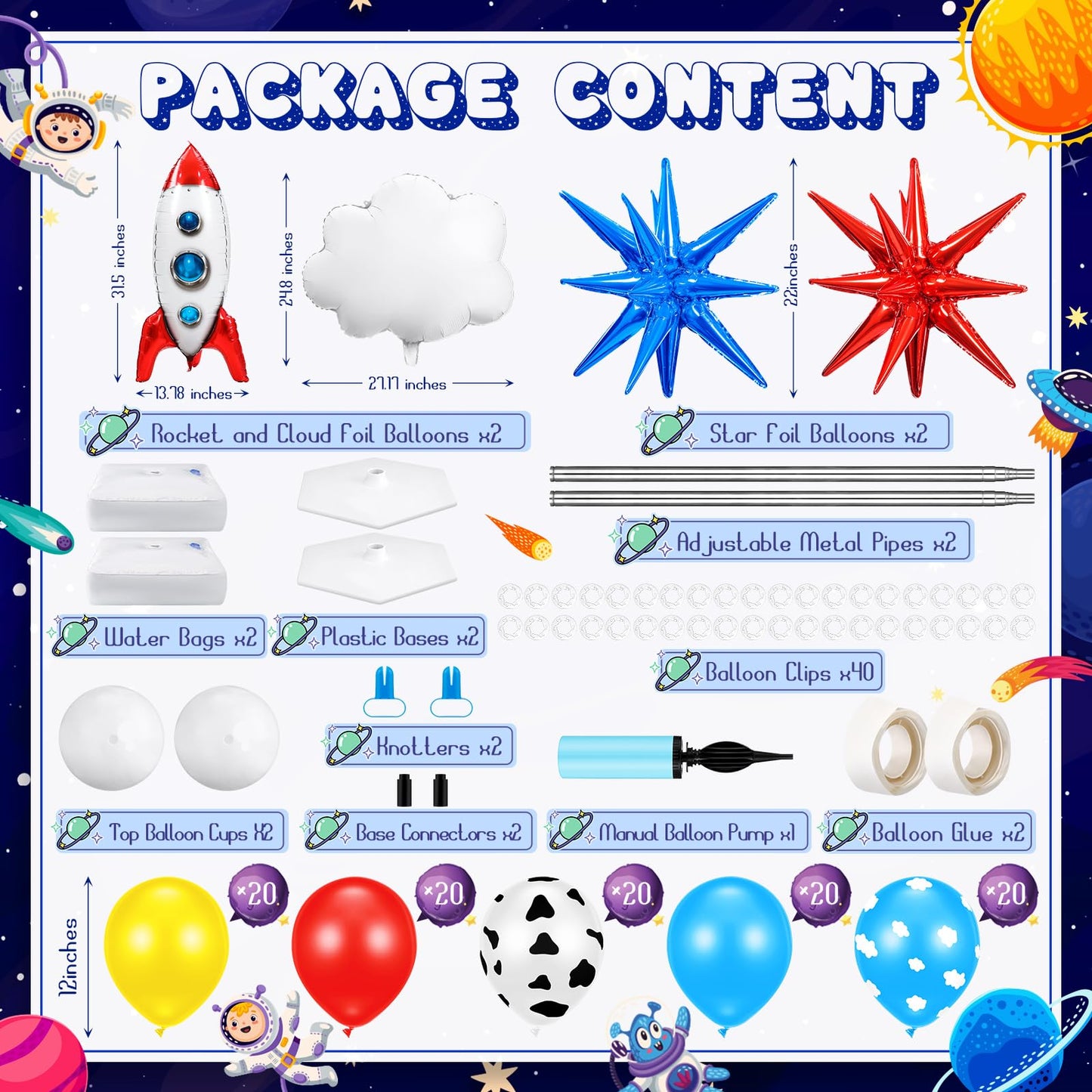Kasyat Cartoon Party Balloon Column Stand Kit - 2 Sets, Toy Size, Colorful Rocket & Cow Print Balloons for Baby Shower Decorations