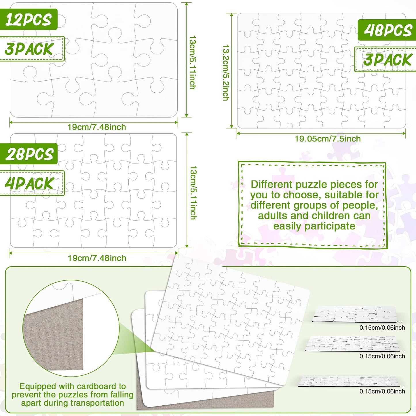 Sumind 10 Sets Blank Sublimation Puzzle Jigsaw Rectangle Heart Shaped White Diy Custom Puzzle Heat Press Thermal Transfer Pearl(A5-28/12/48 Rectangle)