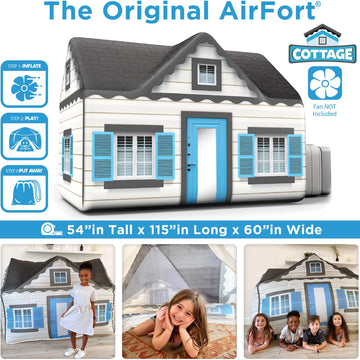 AIR FORT Inflatable Play Tent for Kids, Large Cottage Polyester Fort, Build a Fort in 30 Seconds, Ages 3-12, Fan Not Included