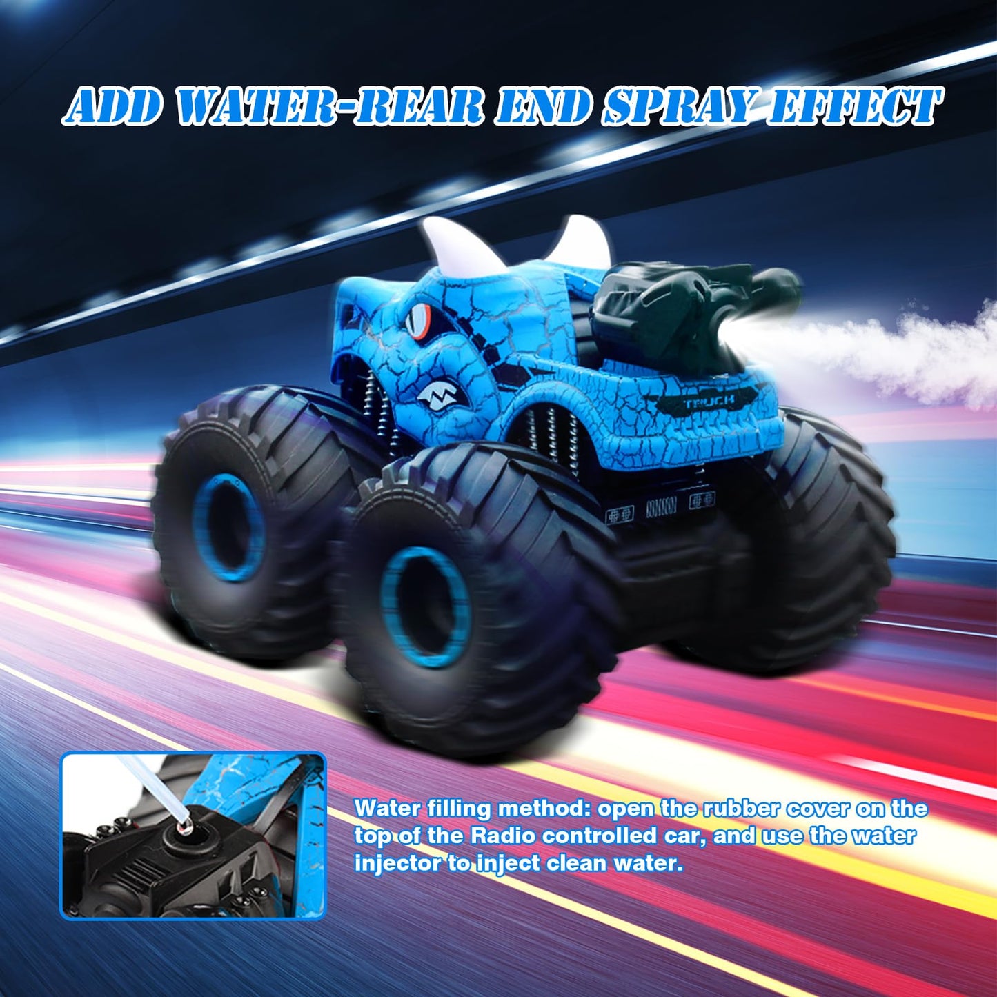 Cqutevind Remote Control Monster Truck, 2.4GHz RC Cars with Light, Sound & Spray, Monster Trucks for Boys Girls, All Terrain Din