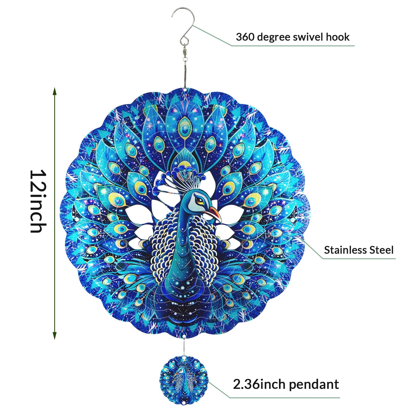 Peacock Gifts For Women, Peacock Wind Spinner Garden Decor, 12 Inch 3D Hanging Wind Spinners Outdoor
