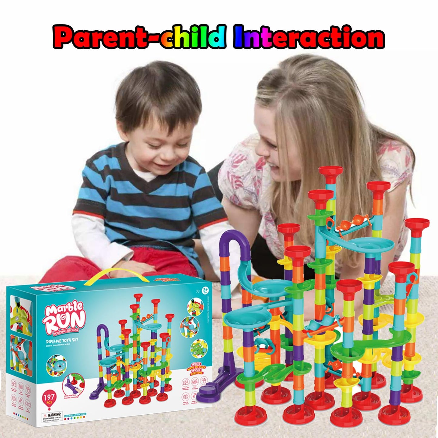 ailixinda Marble Run Set - 197 PCS STEM Building Blocks Toy with 50 Glass Marbles, Multicolor, 2"x3"x0.5" for Kids