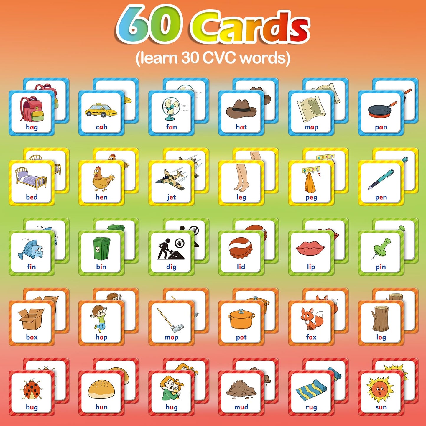 Aizweb Cvc Word Match Game - 60 Pc Toddler Card Games For Kids Ages 3-6, Phonics Flash Cards For Preschool & Kindergarten Learning Activities, Educational Toys For Home School Supplies
