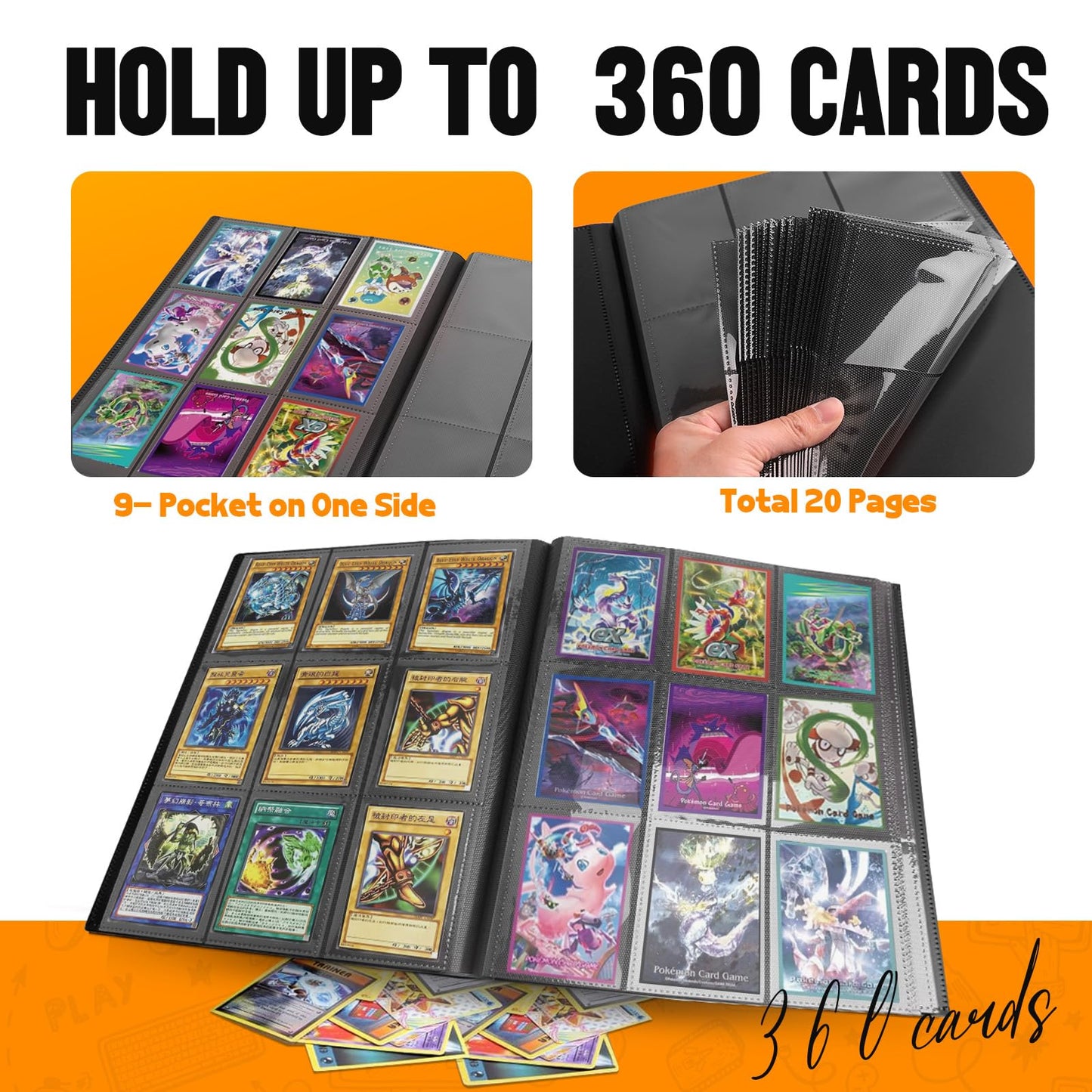Card Binder 9-Pockets  Trading Card Binder  20 Pages  360 Card Capacity Collection Binder  Card Folder for MTG  TCG  Game Cards & Sports Cards(Black)