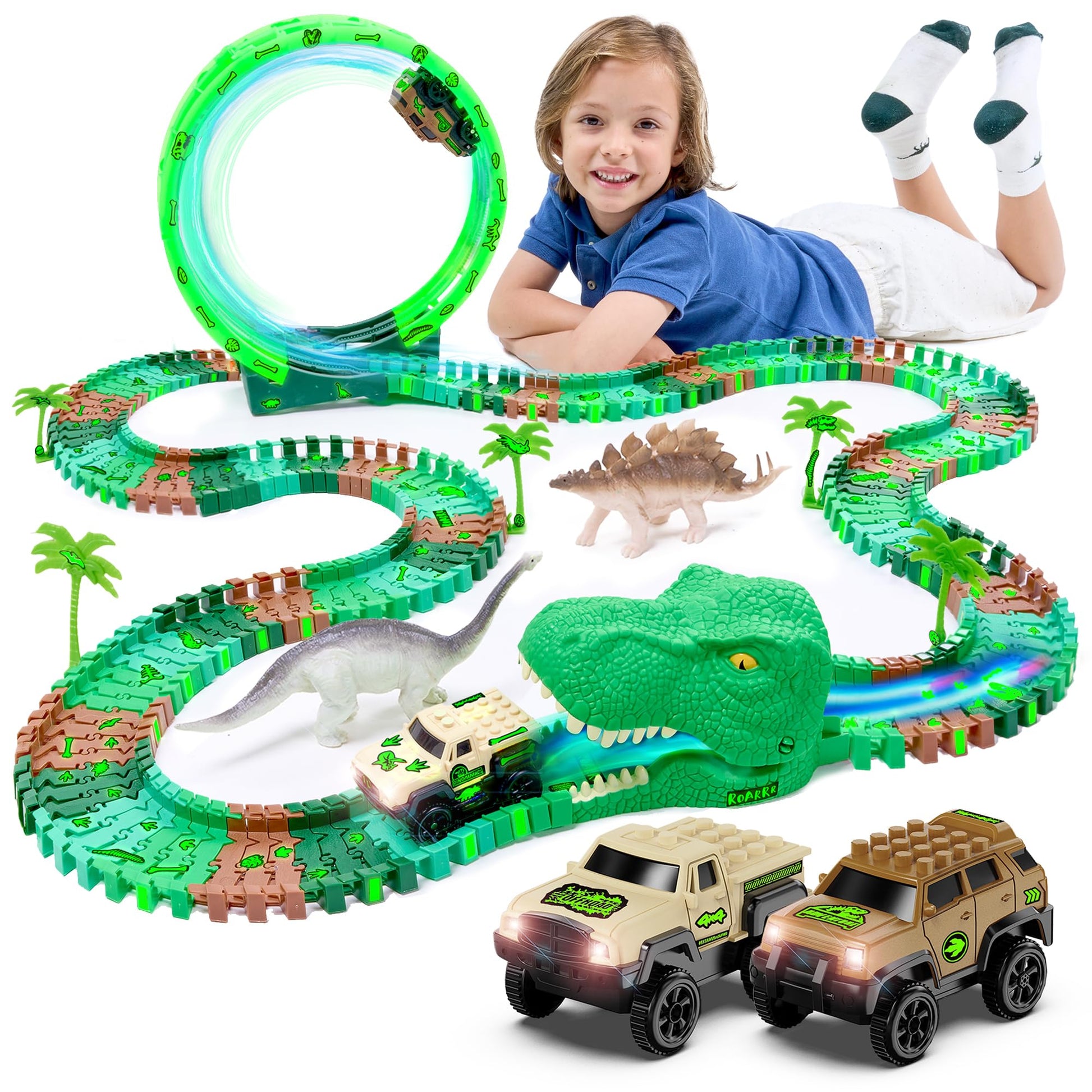 Jitterygit Dinosaur Jurassic Race Track Train Glow In The Dark World Toy Set, Kids Dino Racetrack Park Includes T-Rex & Triceratops Playset - Best Birthday Gift For Boys & Girls 3 4 5 6 7 8 Year Old