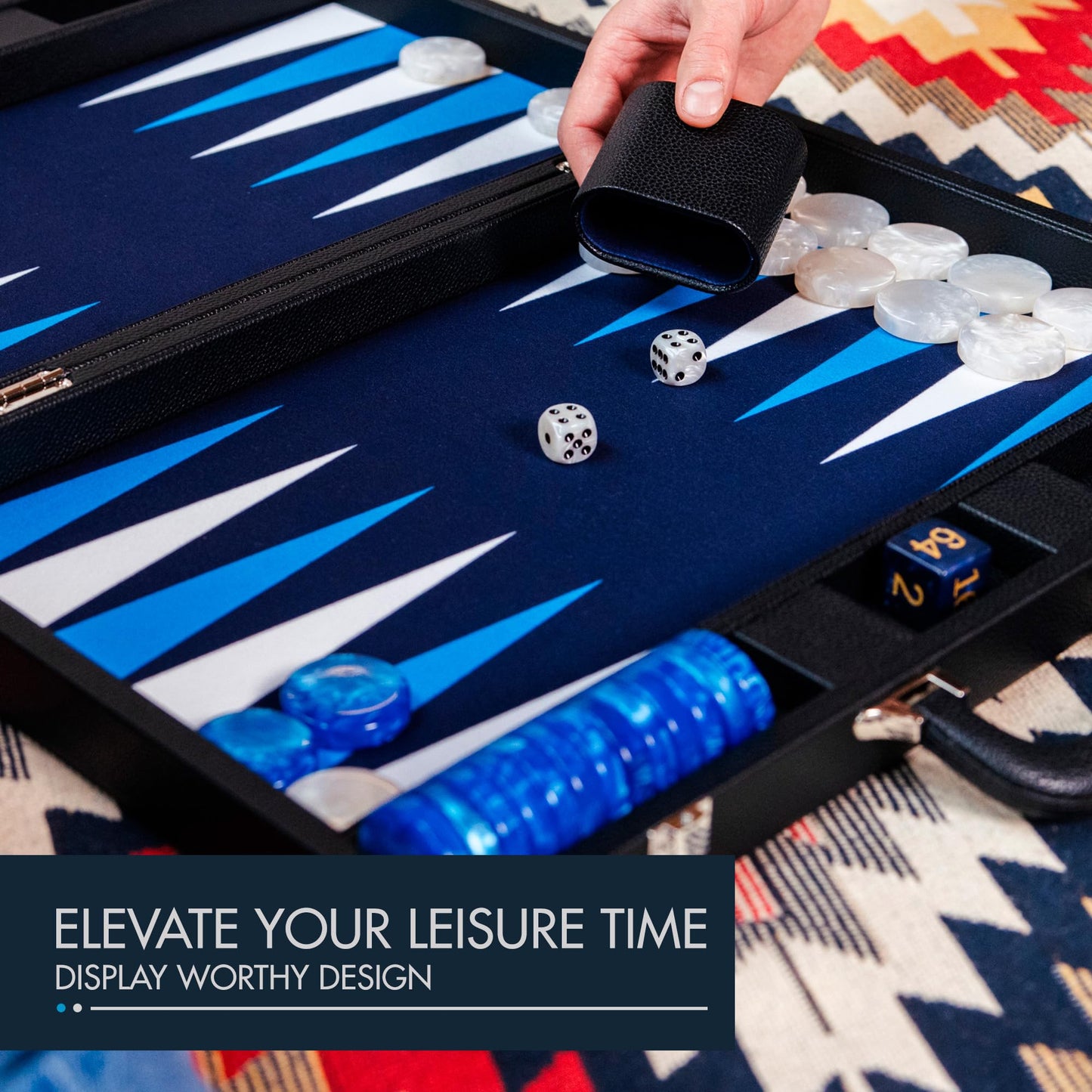 Pointworks 19" Premium Backgammon Set - Leather Black & Blue, 1.6" Checkers, Travel Game, Model PWBG19BC