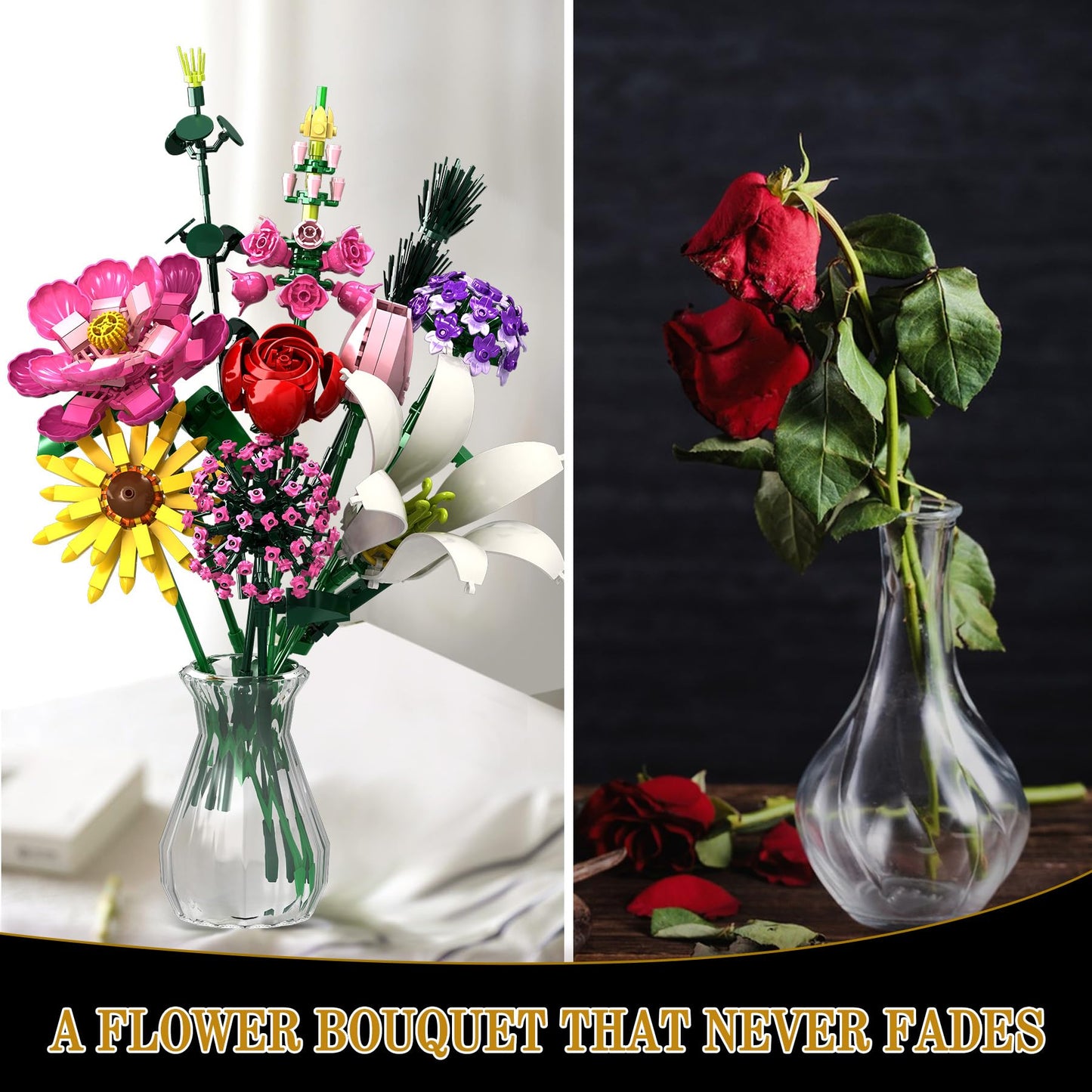 Linkowin Flower Bouquet Building Set, 699Pcs Creative Diy Plant Bouquet Decoration,10 Unique Flower Bouquet For Girls Women Adul