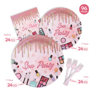ColorOrca Spa Party Decorations - Spa Day Makeup Birthday Party Tableware Set Includes Plates, Forks, Napkins, Spa Theme Supplie