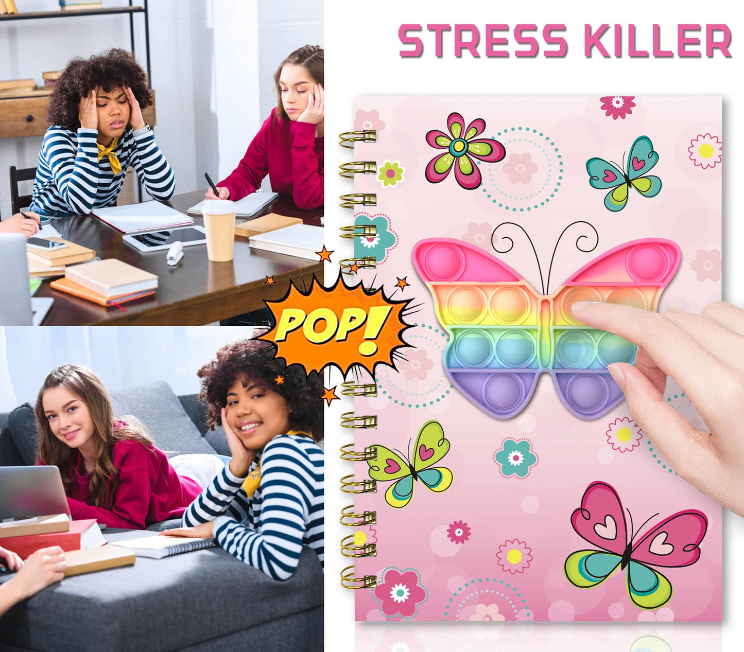 Pop Notebook For Kids, Fidget Girls Diary Journal 8.3X5.7 Inches 160 Lined Pages With 6 Multicolor Pen Spiral Journal For Teenage School Writing Drawing Pop Butterfly It Gifts Stuff Age 6 8 10 12