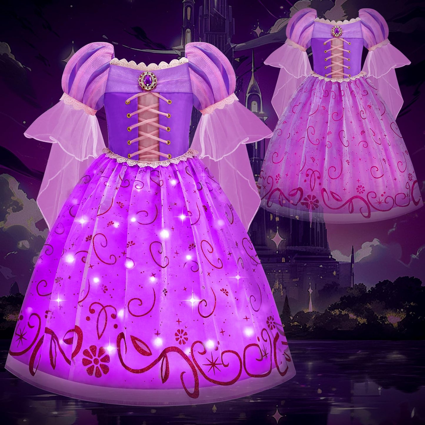 Aolliya Rapunzel Light Up Dress for Girls Purple Princess Costumes Halloween Dress Up for Cosplay Party Carnival