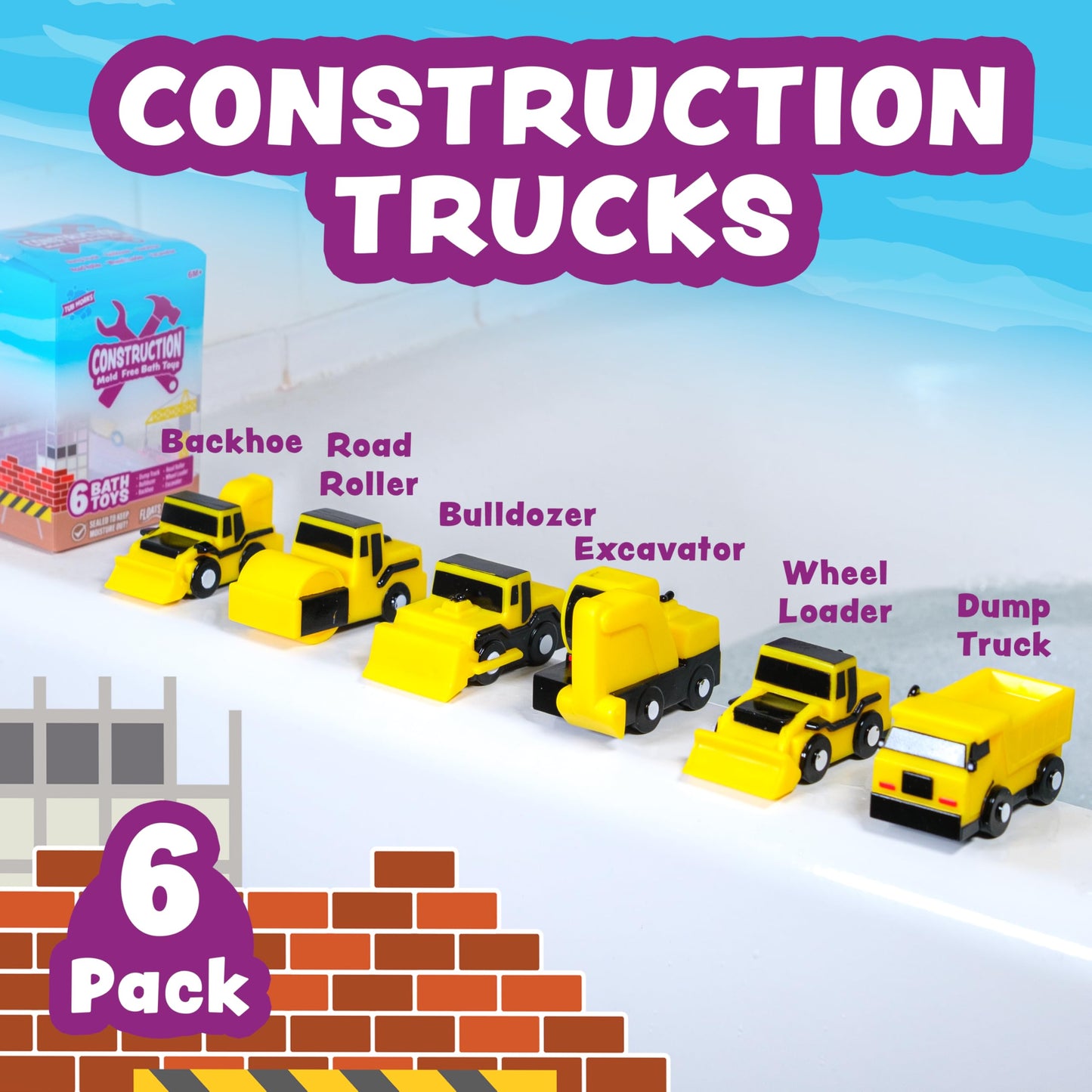 Tub Works® Construction™ Trucks Bath Toys, 6 Pack - Mold Free, Soft & Squeezable, Float on Water - Ideal for Babies & Toddlers, Yellow