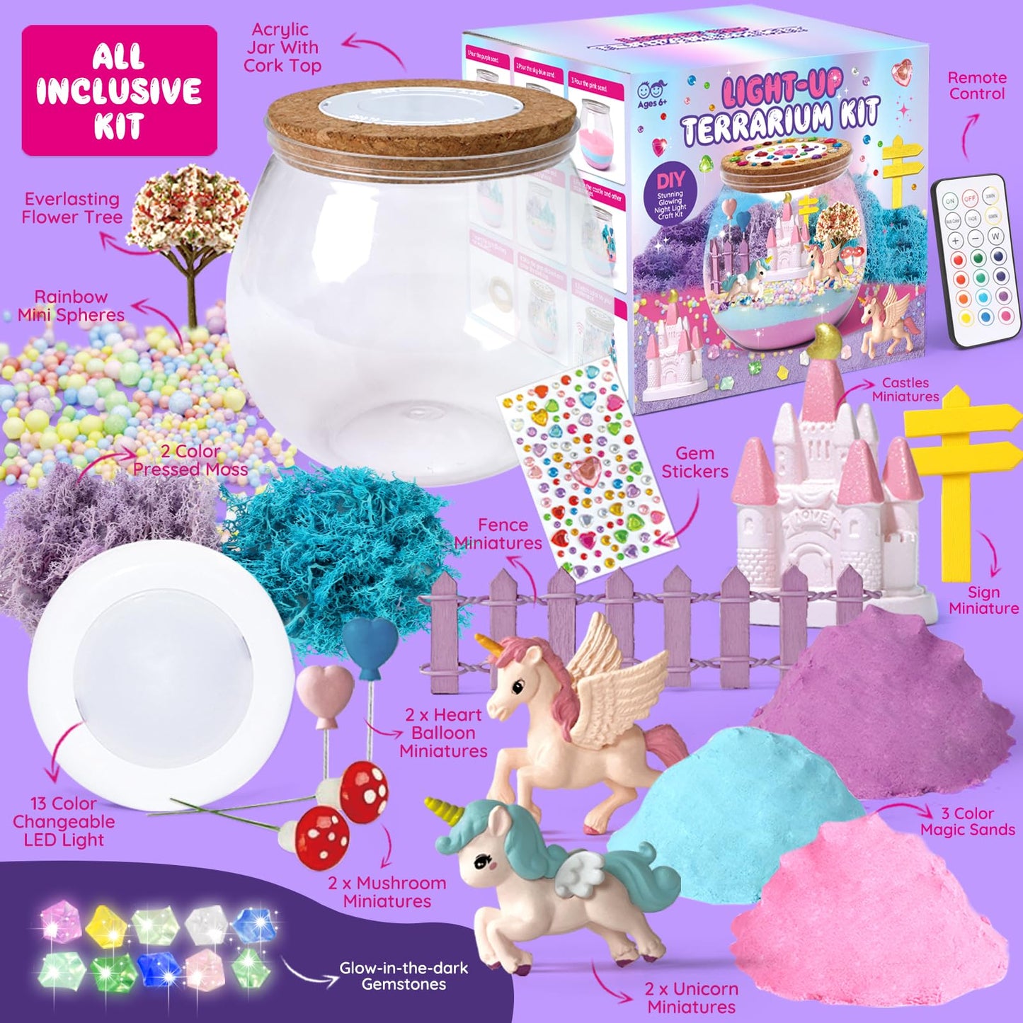 Unicorn Terrarium Crafts Kit for Kids: LED Night Light-Up DIY Toys with Remote - Fun Birthday Gifts for Girls Ages 5 6 7 8 9 10