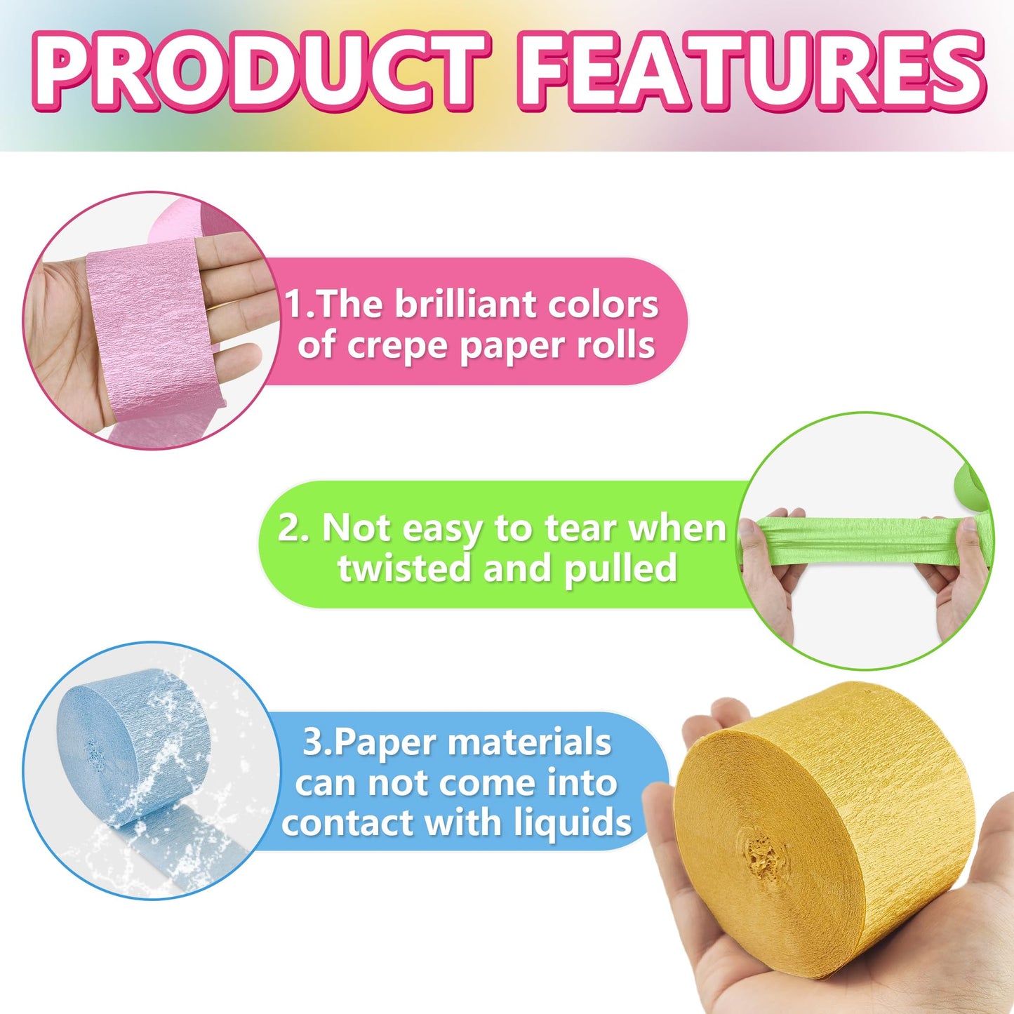 Oun Nana Metallic Pastel Crepe Paper Streamers 6 Rolls, 2.2 x 123 Ft Birthday Streamers Party Decorations for Baby Shower Bachel