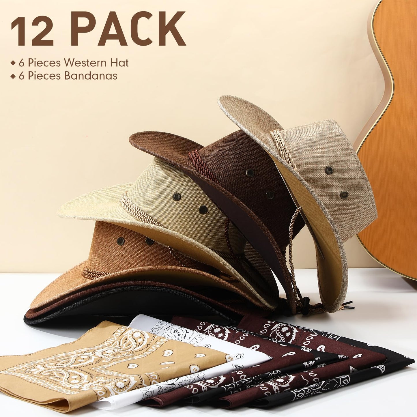 Zhanmai 12 Pcs Cowboy Hat and Bandana Cowboy Cowgirl Hats Bulk Western Party Costume Halloween Accessory (Brown Series,Hamp)