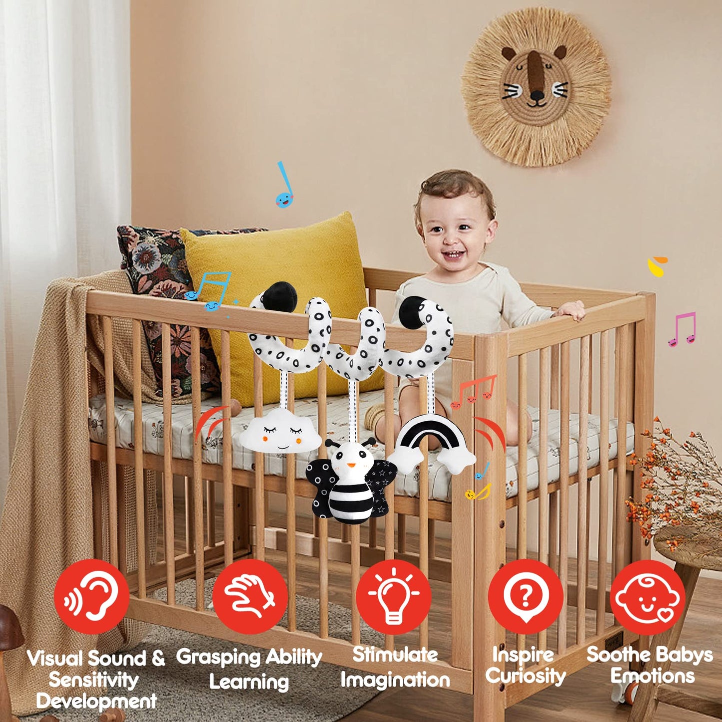 Gkdoms Baby Spiral Hanging Stroller And Car Seat Toys Black And White High Contrast Sensory Toy Newborn Plush Activity Toys Party Favors Quality Gifts For Baby Shower Easter Basket Stuffers -Bee