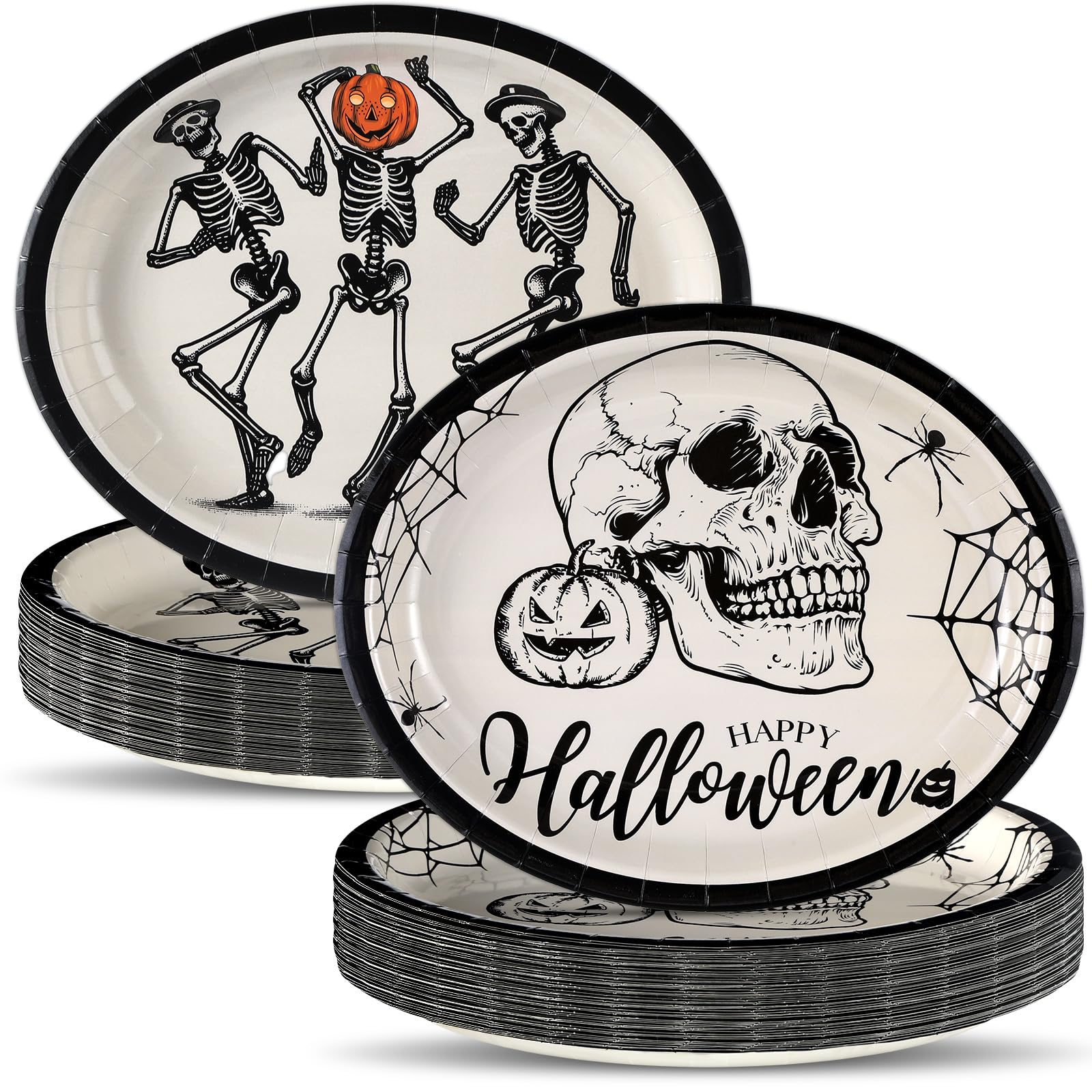 50pcs Halloween Gothic Party Supplies Smile Pumpkin Victory Gothic Skeleton Oval Paper Plates 11 x 9in Halloween Disposable Tabl