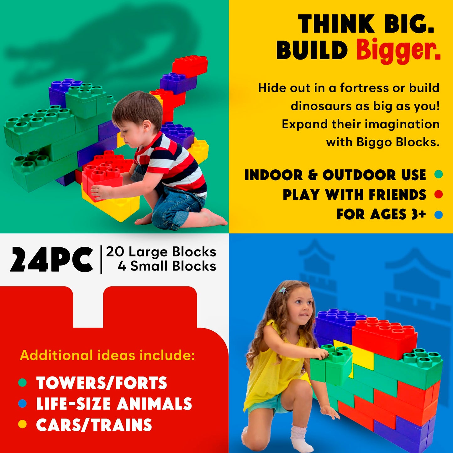 Biggoblocks Big Blocks For Kids Ages 4-8, Indoor & Outdoor Blocks For Kids Jumbo Games, Large Building Blocks (24 Pc) Beginner S