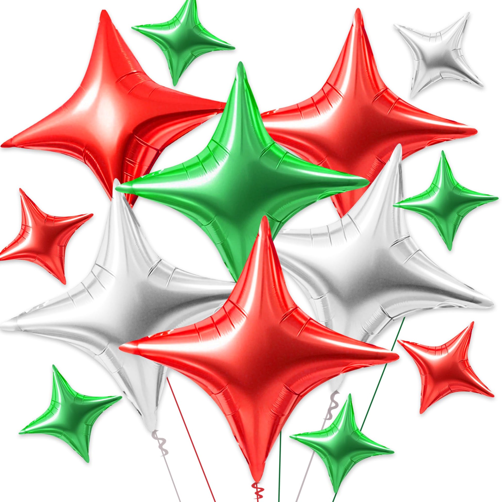 TONIFUL 30Pcs 26In&10In Star Balloons Red Green Silver Four Pointed Foil Mini Star Mylar Balloons for Halloween Chrismas Birthda