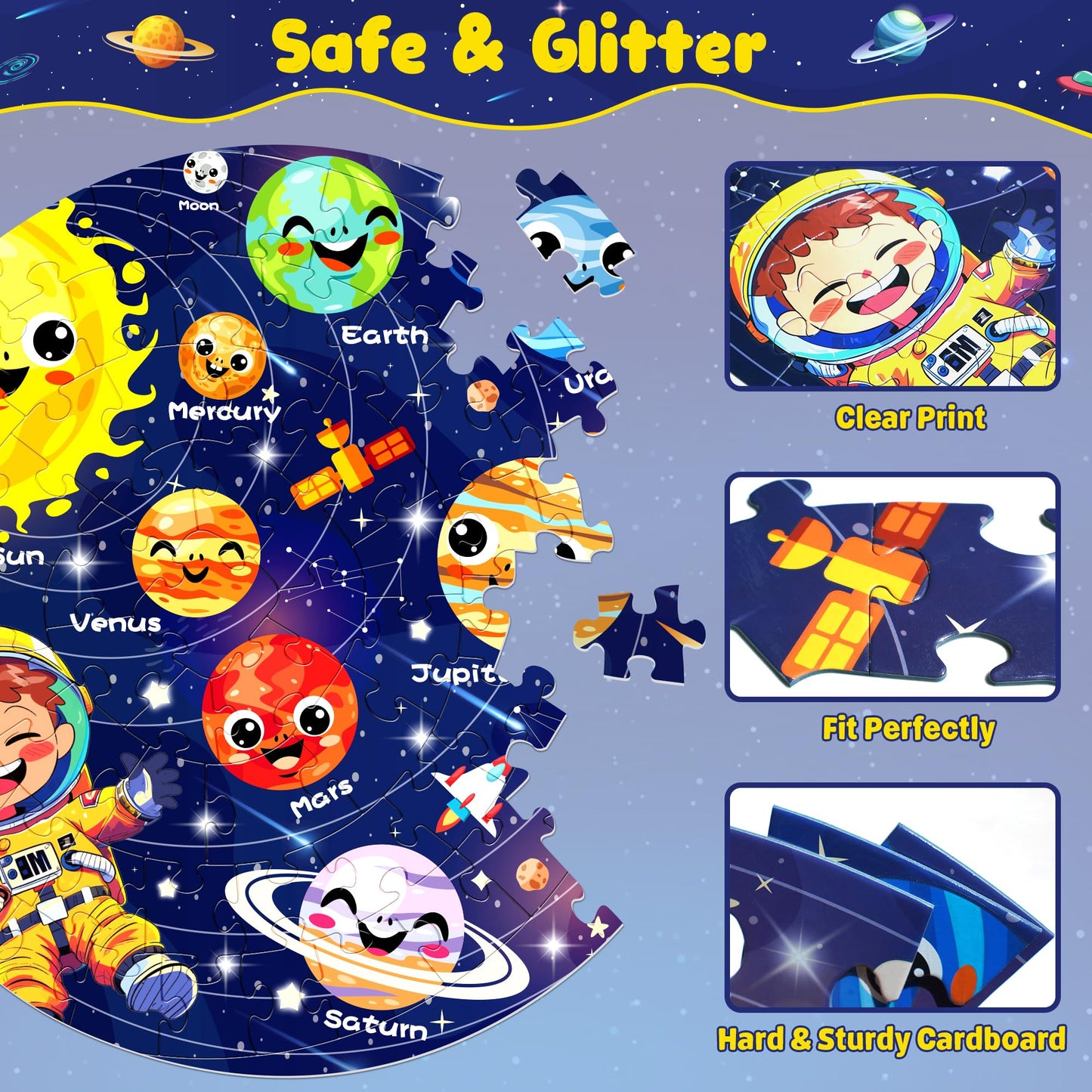 Zizz Puzzle For Kids Ages 4-6: Glow In The Dark Solar System Jigsaw Puzzles 70 Piece Space Planets Large Floor Puzzle For Kids 3