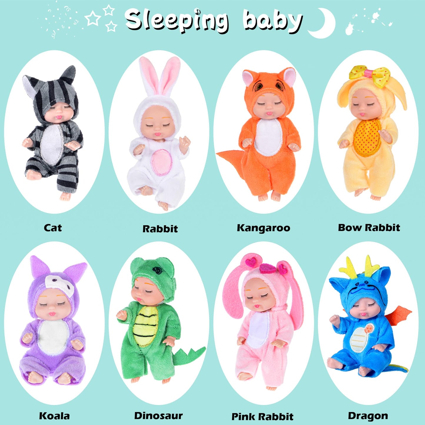 Dollbie 8 Pack Mini Baby Dolls - 4 Inch Animal Theme Lifelike Baby Dolls For Girls
