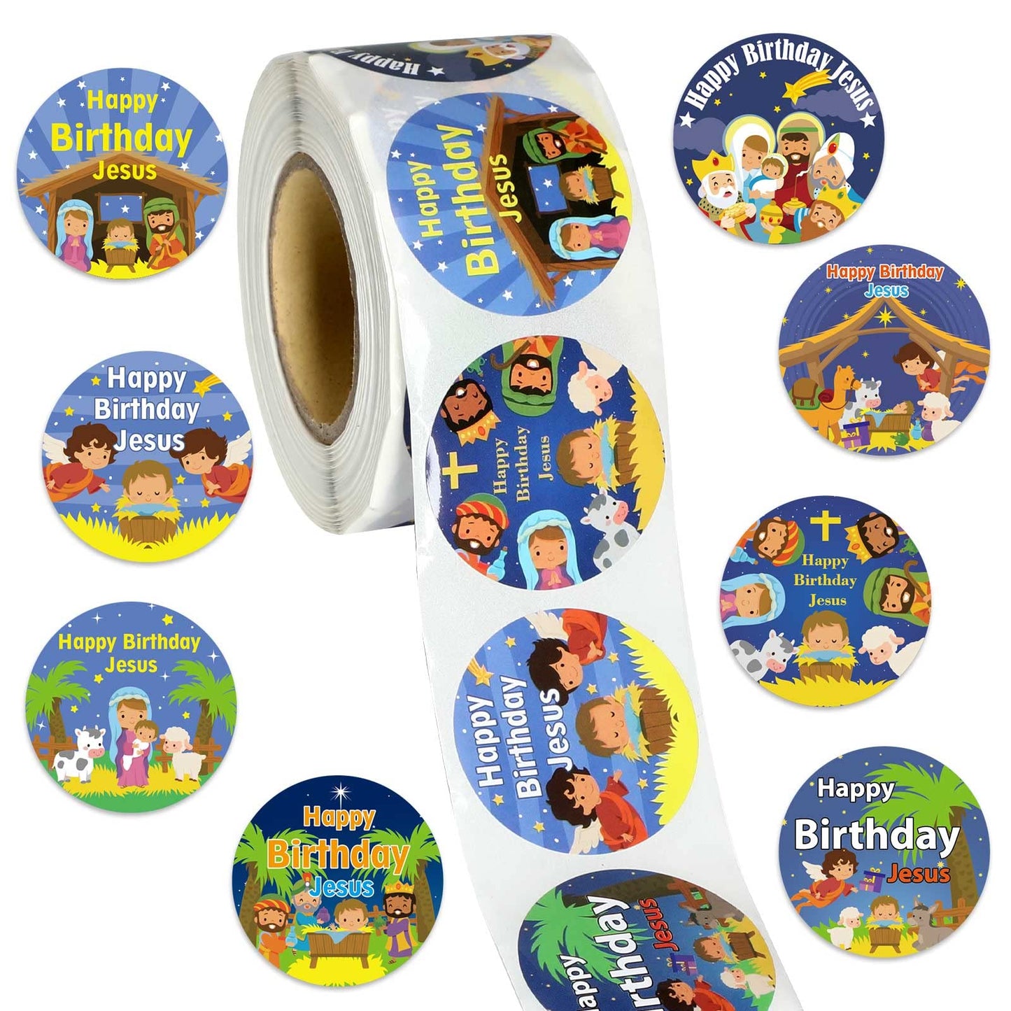 500 Pcs Happy Birthday Jesus Stickers for Kids Religious Birthday Jesus Stickers Roll for Christmas Nativity Scene Roll Church a