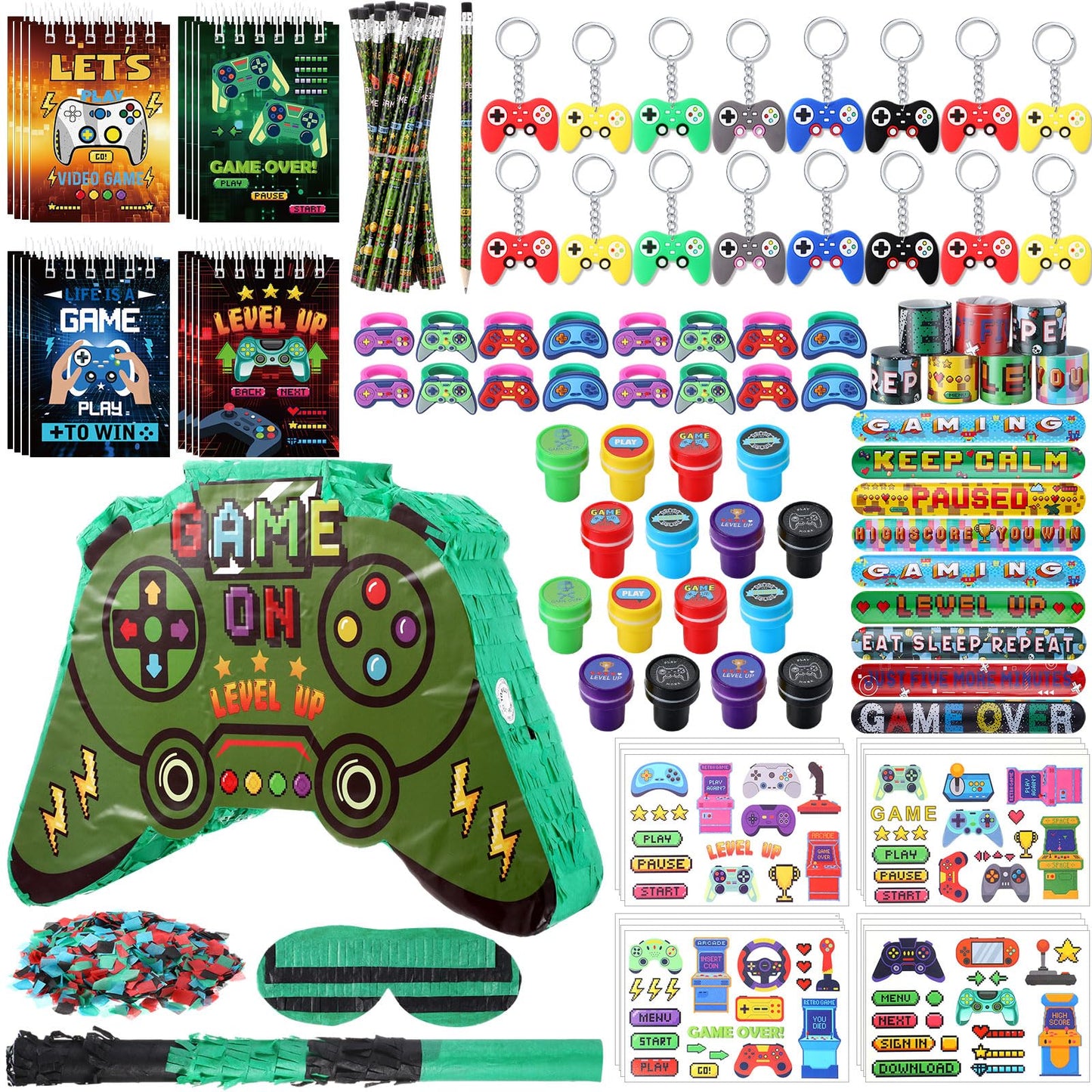 Spakon 113 Pcs Video Game Piata Video Game Birthday Party Supplies Piata Set 16 Mini Notebook 16 Pencil 16 Keychain 16 Silicone 