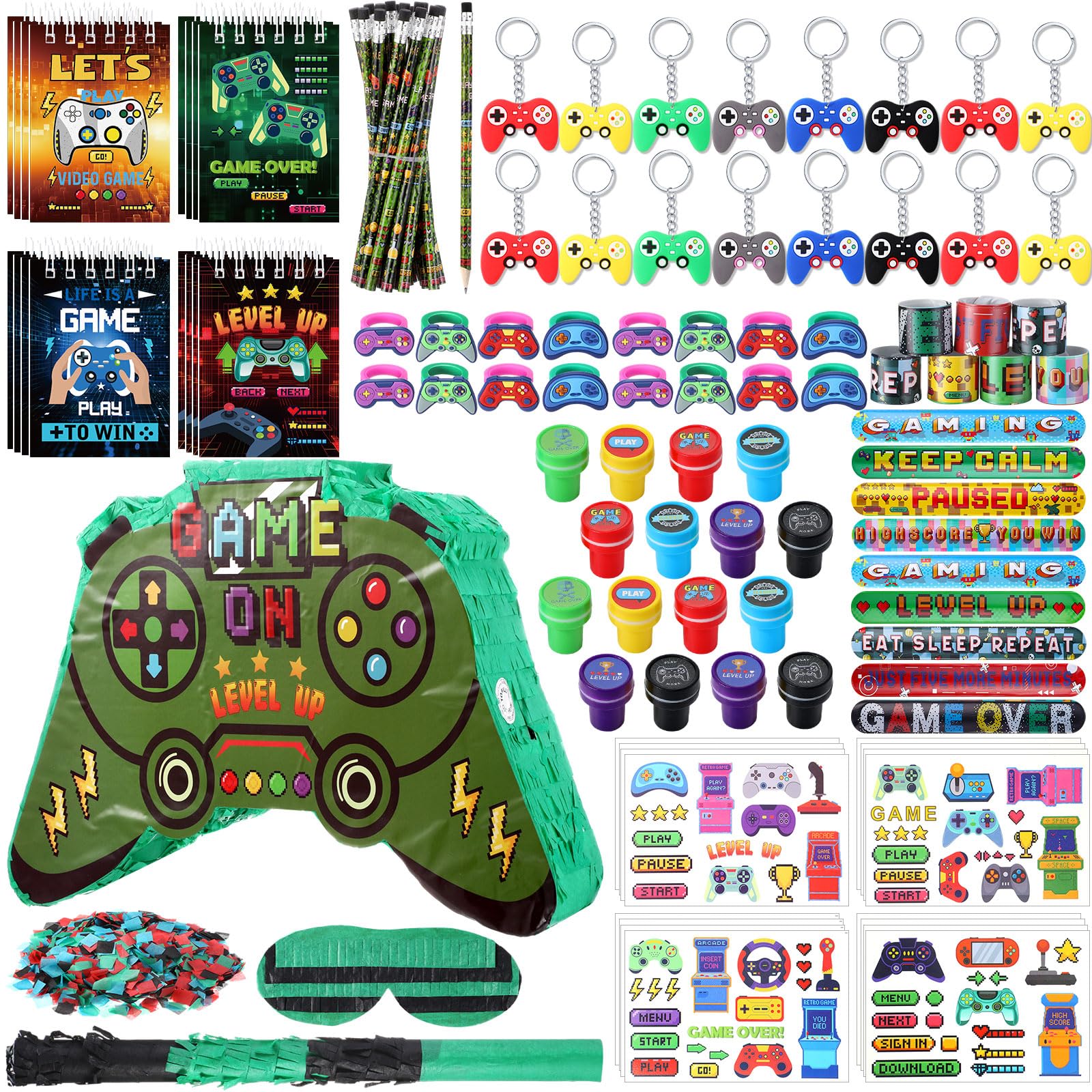 Spakon 113 Pcs Video Game Piata Video Game Birthday Party Supplies Piata Set 16 Mini Notebook 16 Pencil 16 Keychain 16 Silicone 