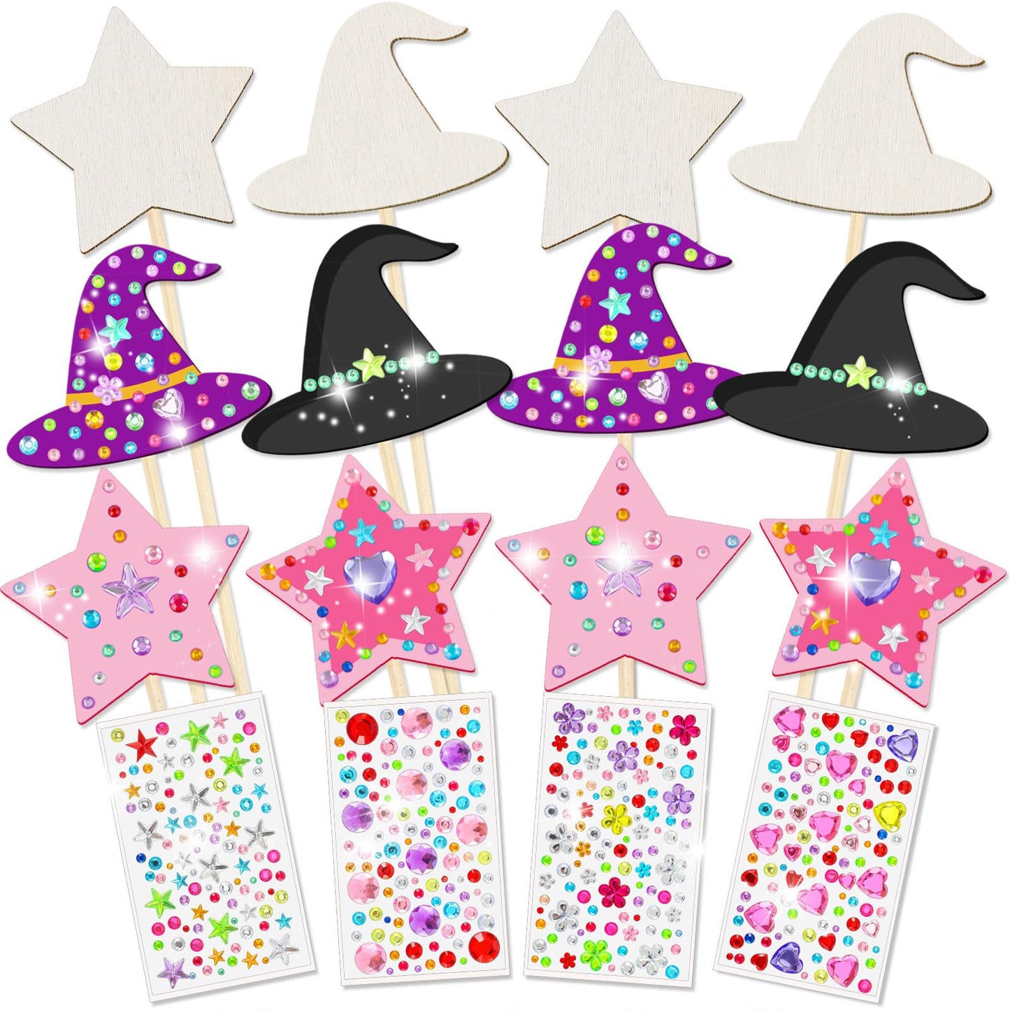 Juexica 12 Pcs Fairy Wands Kit Including 6 Unfinished Wood Star Wands, 6 Witch Hat Sticks and 4 Sheets Gem Stickers for Witch an