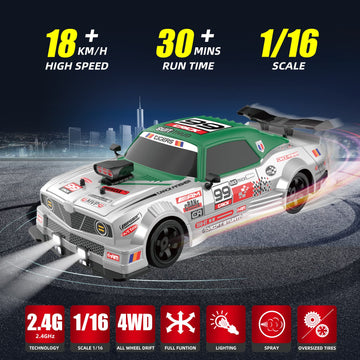 Sakeye Remote Control Car 1/16 2.4GHz 4WD RC Drift Car, Rechargeable High Speed RC Cars with Spray, Cool Lights, Two Batteries a
