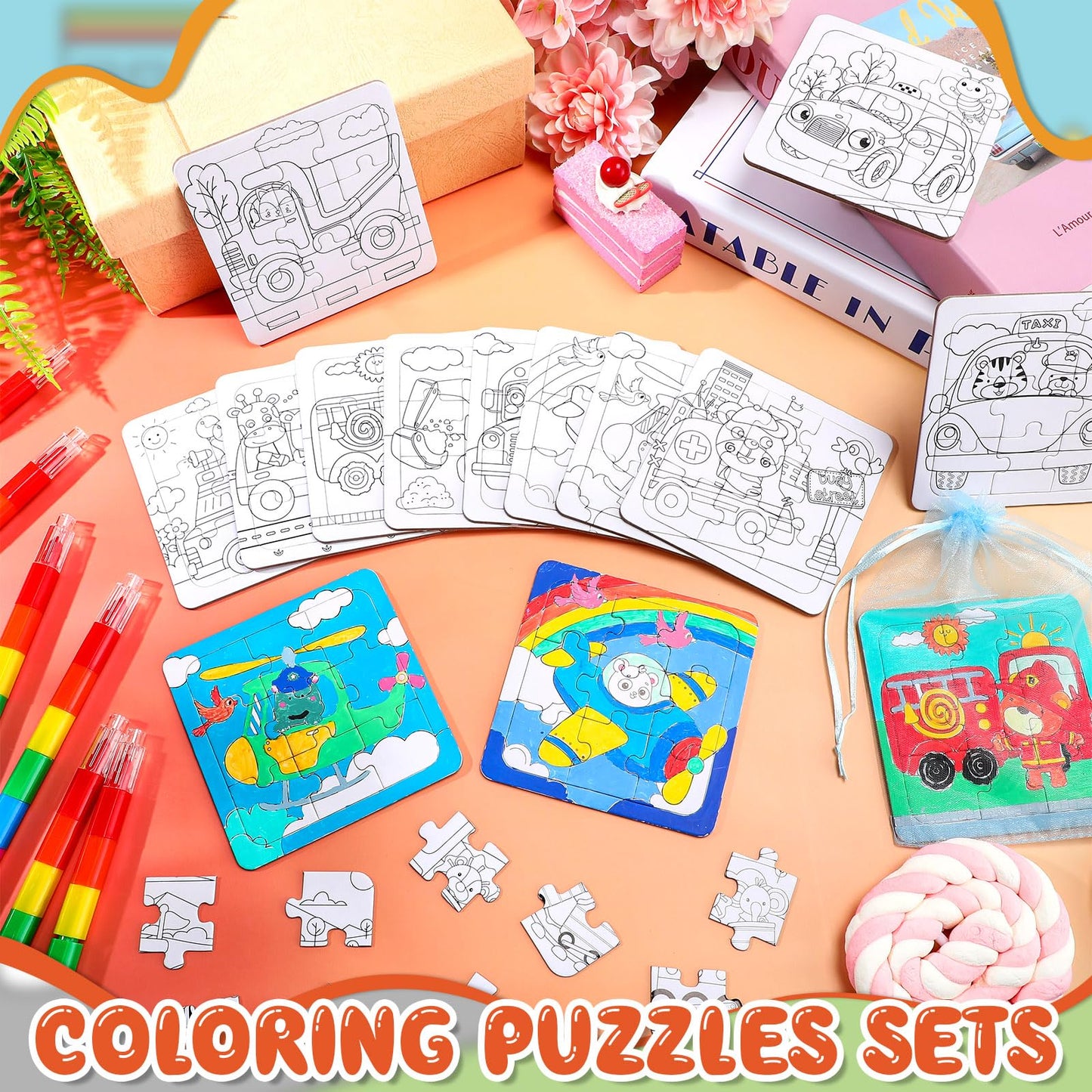 Fullhawl 12 Sets Transportation Puzzles Traffic Theme Color Your Own Puzzles DIY Construction Jigsaw Craft with 12 Stackable Crayons and 12 Bags for Construction Gifts Birthday Party Supplies(12  Car)