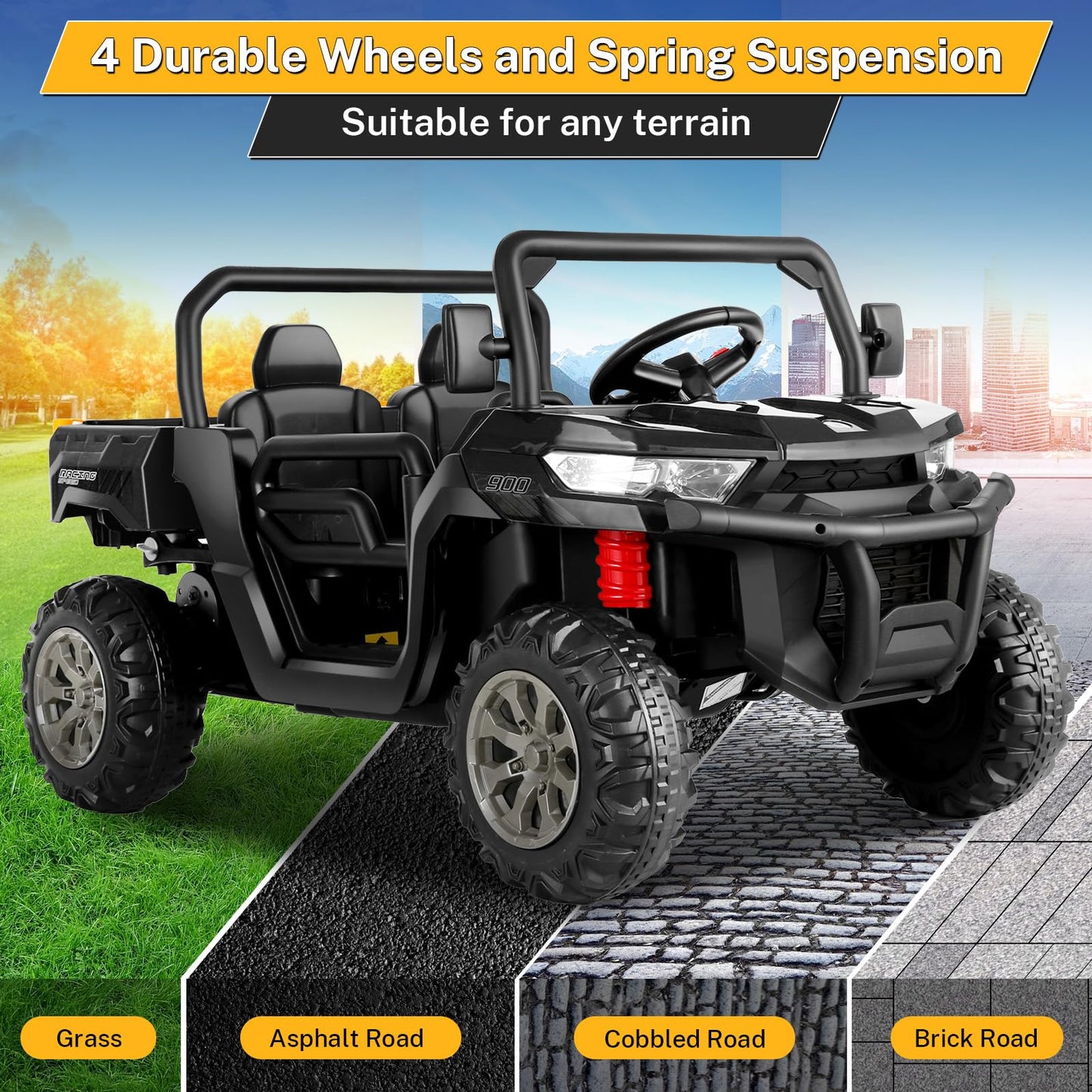 Hikole 24V Ride On Dump Truck For Kids With Remote Control, 2 Seater Ride On Utv With Dump Bed, Shovel, Led Light, Music, 3 Speed, Electric Car For Boys Girls, Black