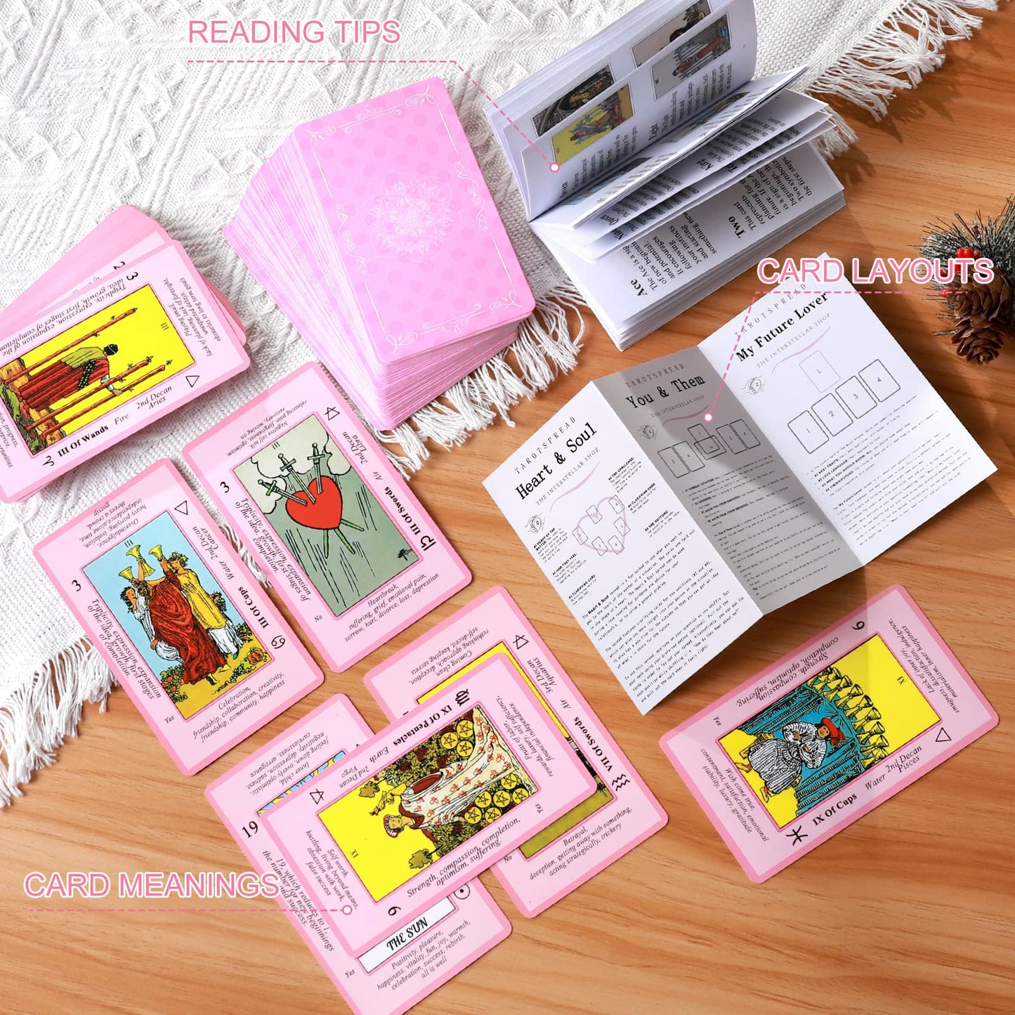 Myripoly Pink Tarot Cards Deck Set For Beginners With Meanings On Them-Tarot Card With Guidebook-(Free Velvet Tarot Bag Pouch)