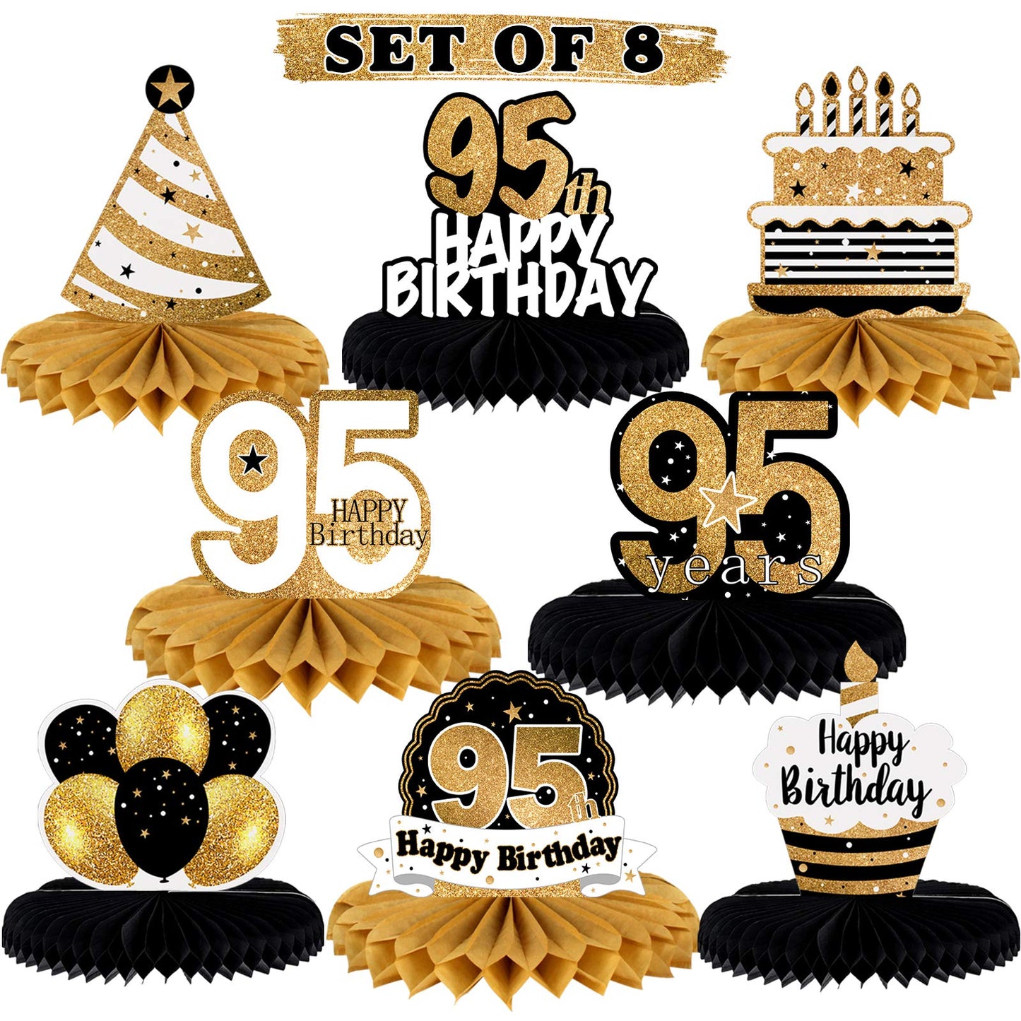 LINGTEER Happy 95th Birthday Table Honeycomb Centerpieces Cheers to 95th Birthday 95 Years Old Party Table Decorations Gift Sign.-New