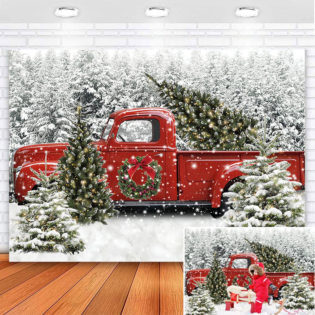 Avezano Christmas Red Truck Backdrop Christmas Backdrops for Photography Xmas Winter Holiday Family Kids Portraits Backdrops Pho
