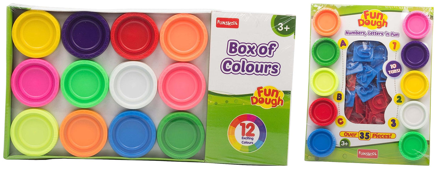 Fundough FunskoolFundough Box Of Colours (Set Of 12) & Fundough Funskool Playset Numbers Letters N Fun, Ten Tubs Of Dough