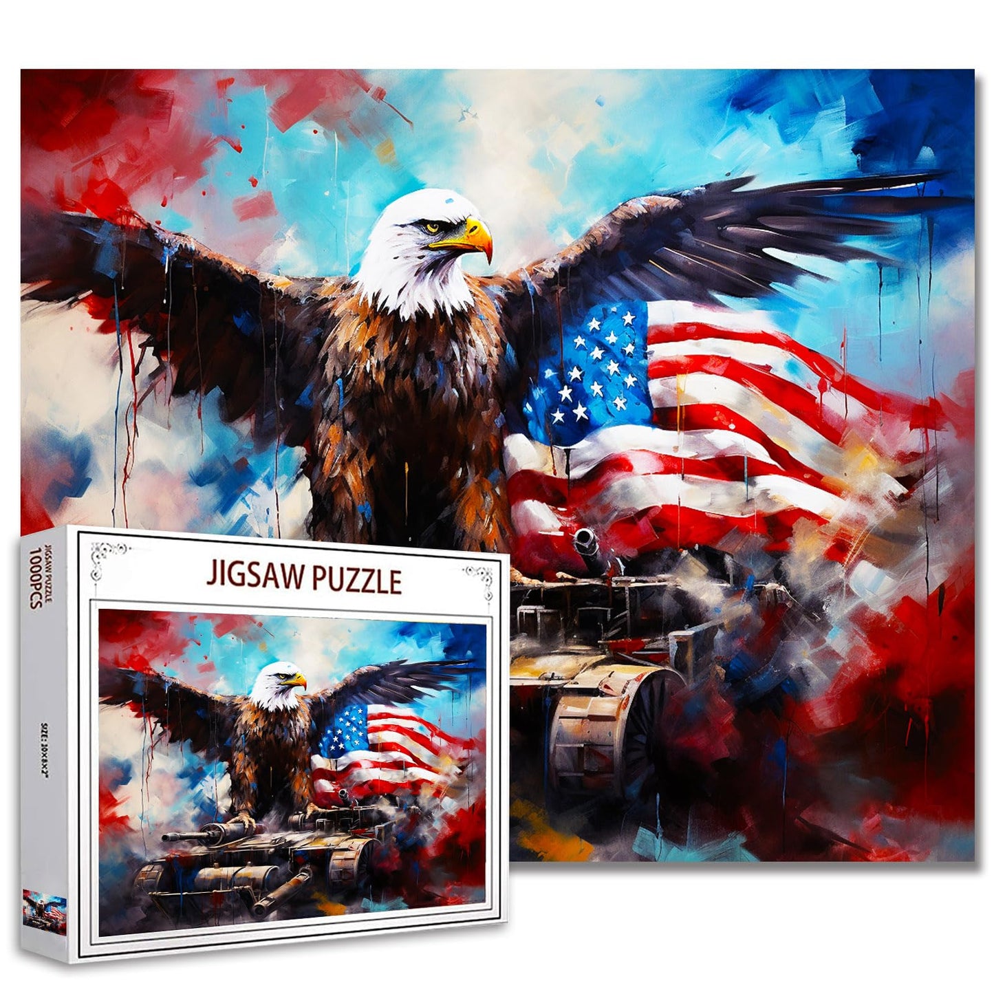 Bald Eagle Spreading Wings 1000 Pieces mature-themed Jigsaw Puzzle American Flag Tank Perfect for Fun Brain Puzzle Lovers Vibrant Illustrations and Quality Pieces Challenging and Relaxing Great Gift Idea